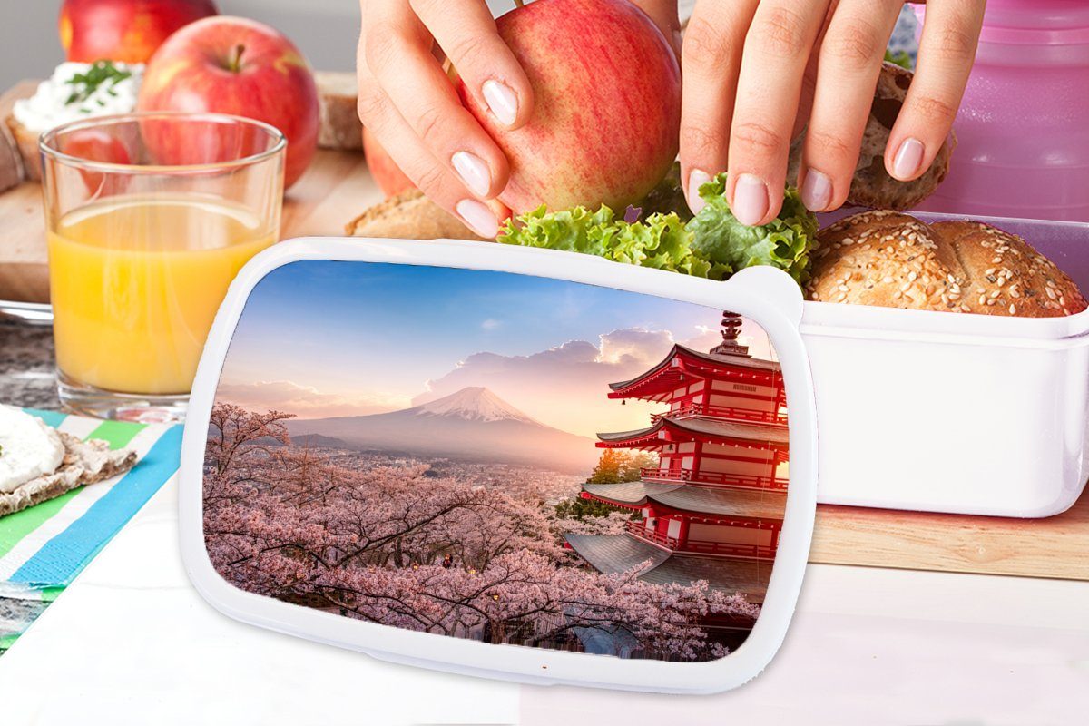 MuchoWow Kunststoff, Mädchen Brotdose, und Jungs Blütenzweige Sakura - Pagode - Japan, - für weiß Lunchbox Kinder für und (2-tlg), Fuji - Erwachsene, Brotbox