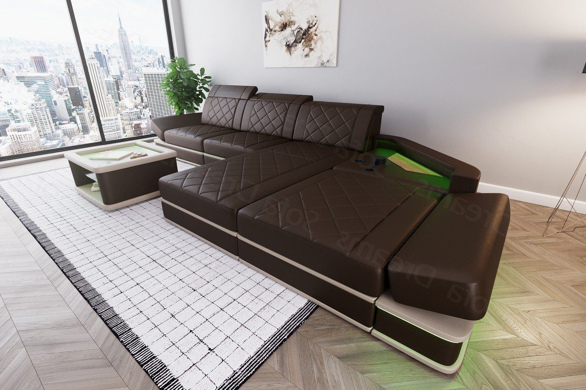 Sofa Dreams Ecksofa Leder Designer Sofa Couch Perugia L Form Ledersofa, Ledercouch mit LED-Beleuchtung