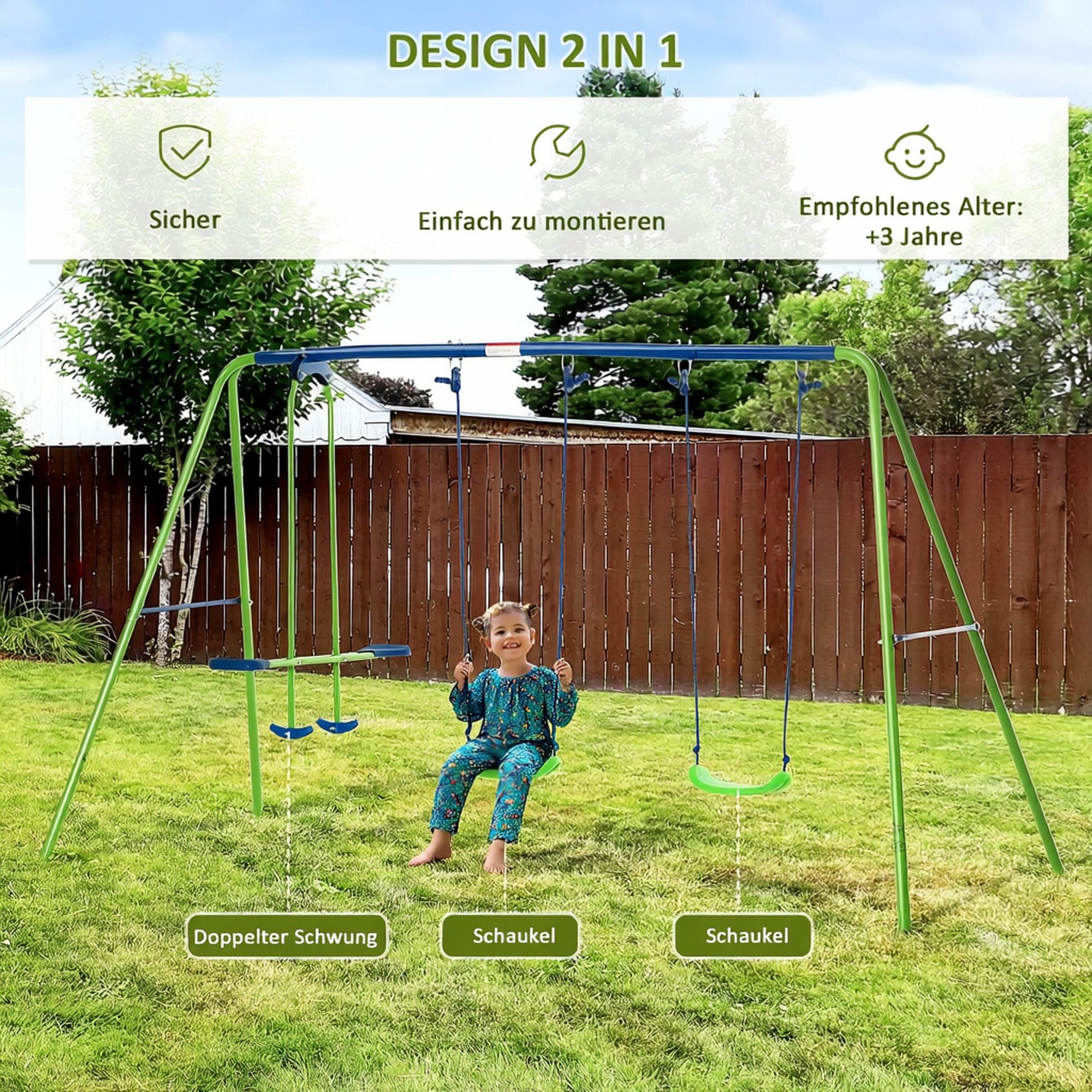 Outsunny Schaukelgestell Kinderschaukel mit Wippe, Outdoor, ab 3 Jahre, 280x140x178 cm, (Kinderschaukel, 4-tlg., Schaukelgerüst), mit Metallgestell, verstellbar – Bild 4 von 5