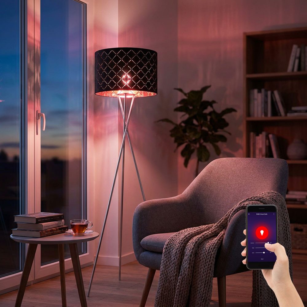 GLOBO LIGHTING LED Stehlampe, Leuchtmittel inklusive, Kaltweiß, Warmweiß, Neutralweiß, Tageslichtweiß, Farbwechsel, Smart Stehleuchte RGB LED 3-Bein Textil schwarz gold dimmbar App CCT