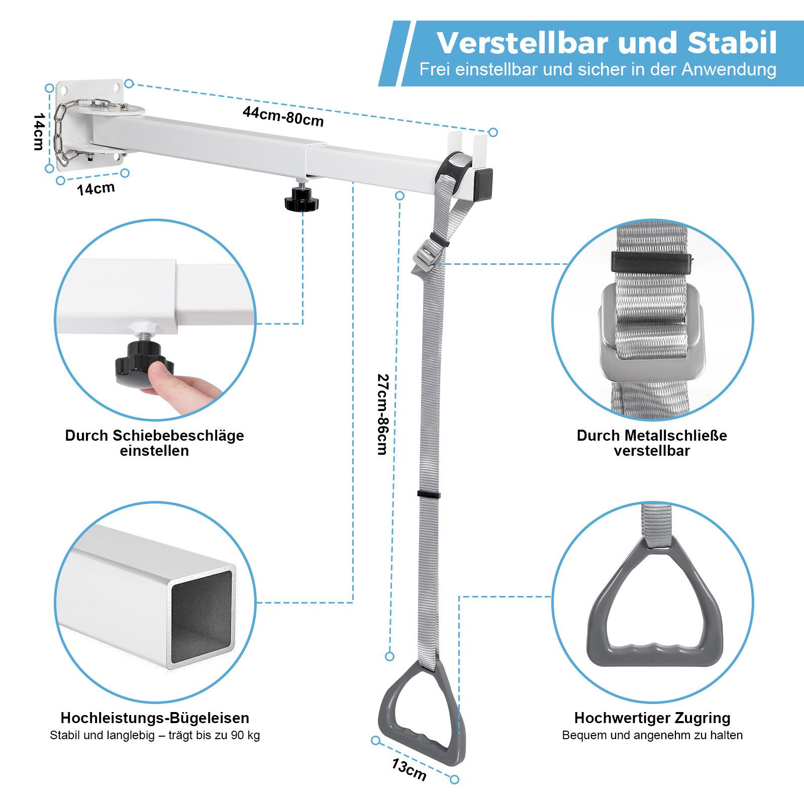 QUBEBU Bett - Aufstehhilfe Bett Bettgalgen Bettaufrichter Wandhängend Aufstehhilfe Einstellbar, belastbar bis 90 kg, für ältere & behinderte Menschen, Krankenhäuser, Pflegeheime