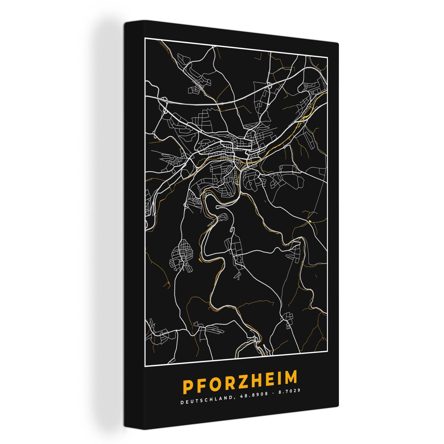 Pforzheim Karte - - Deutschland bespannt Leinwandbild Leinwandbild Zackenaufhänger, St), Karte, - (1 - OneMillionCanvasses® cm fertig Gemälde, 20x30 inkl. Gold