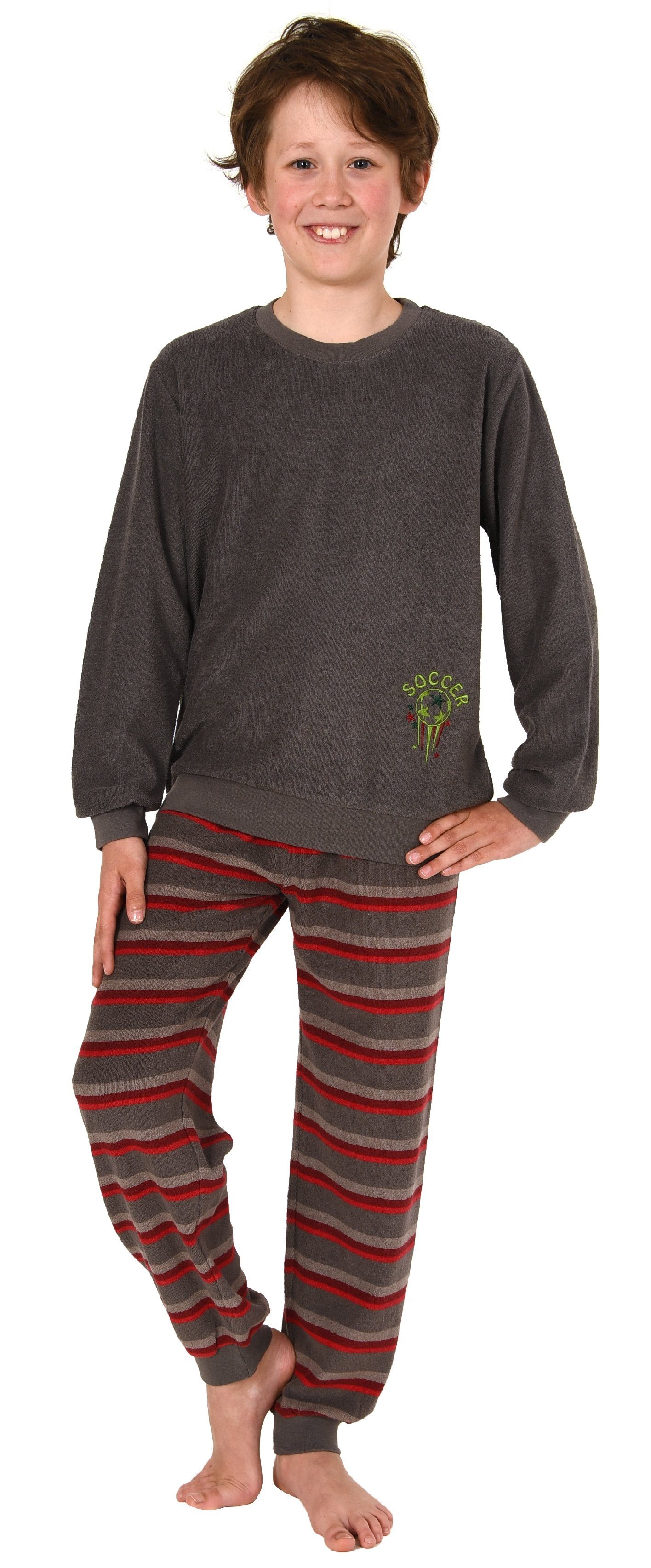 Normann Pyjama Jungen Frottee Pyjama langarm mit Bündchen und Soccer Fussball Motiv