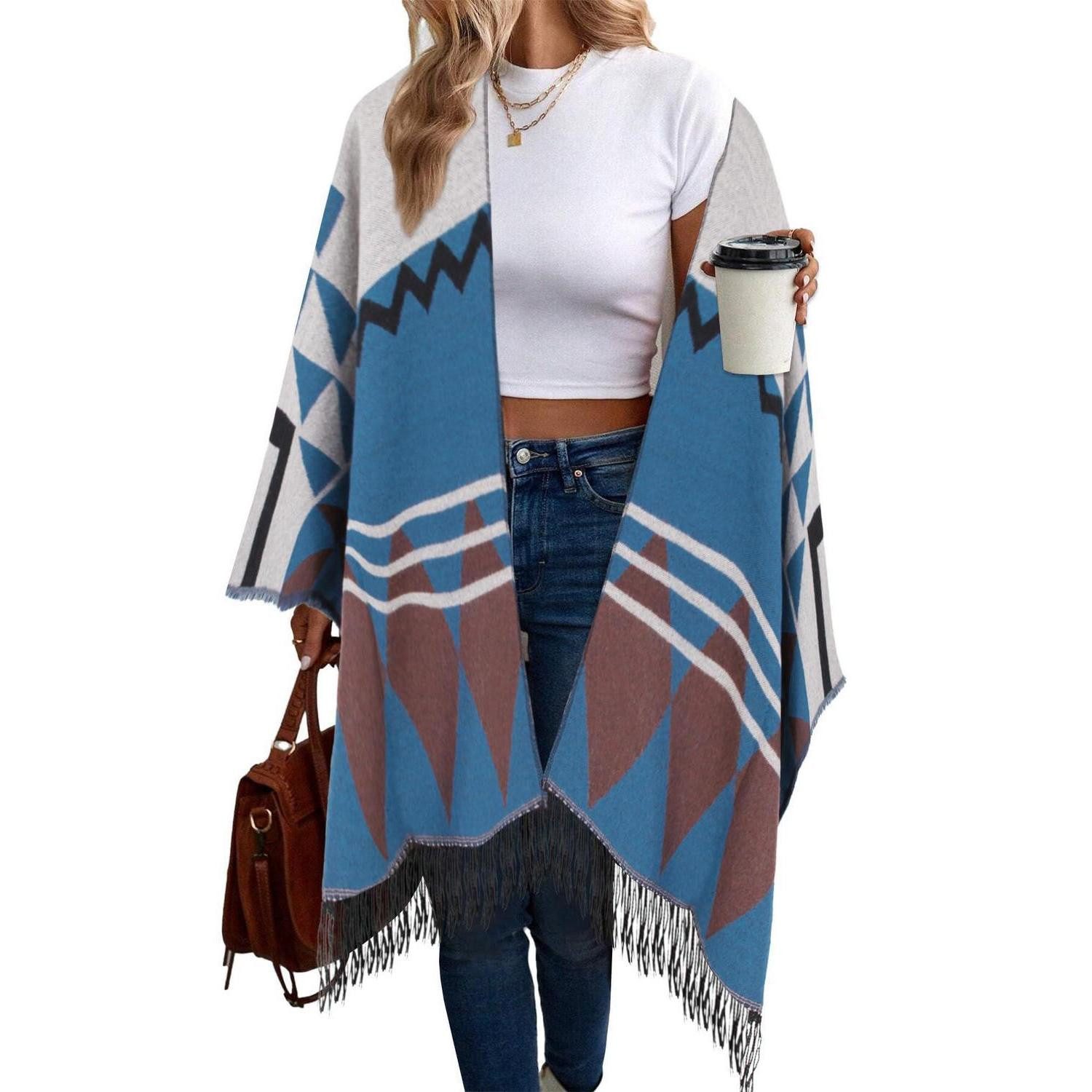 LuxusKollektion Poncho Damen Poncho Schal Retro-Stil Grau-blau (1-St)