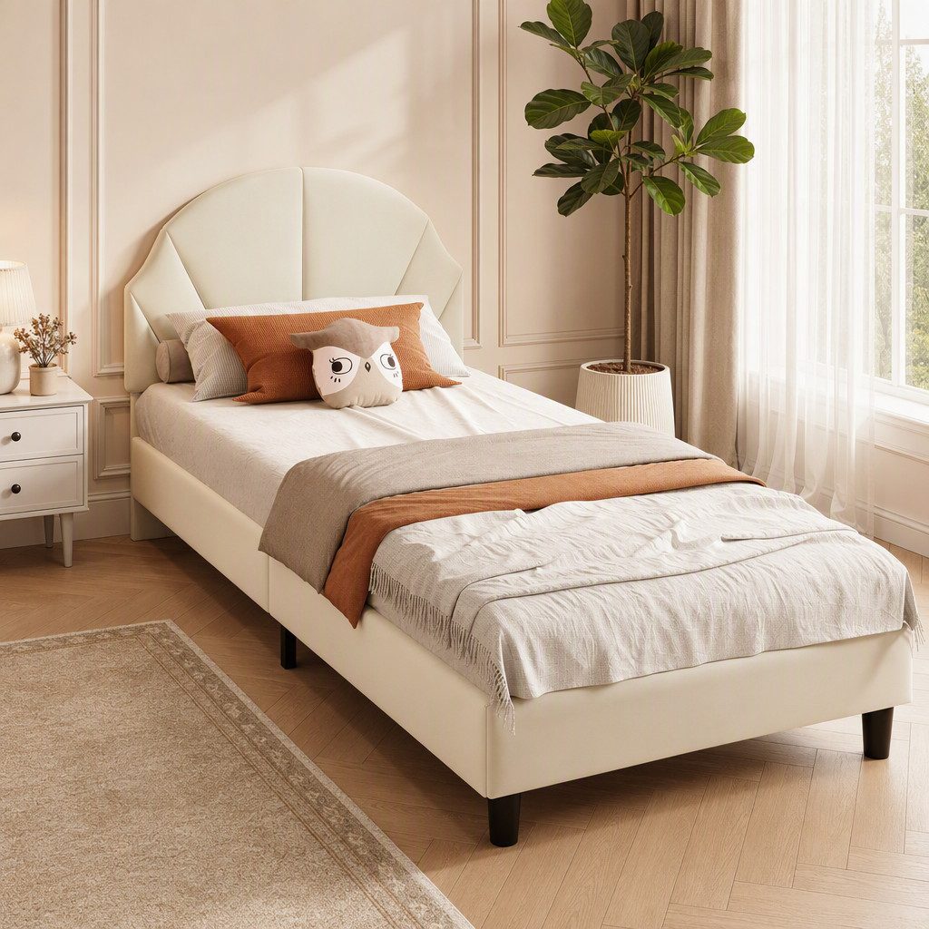Simurq Einzelbett Kinderbett 90x200, Polsterbett, Samtbett, Jugendbett (1 tlg, ohne Matratze, Mit Lattenrost), Verstellbare Kopfteilhöhe, Komfortables Bettgestell, Modernes