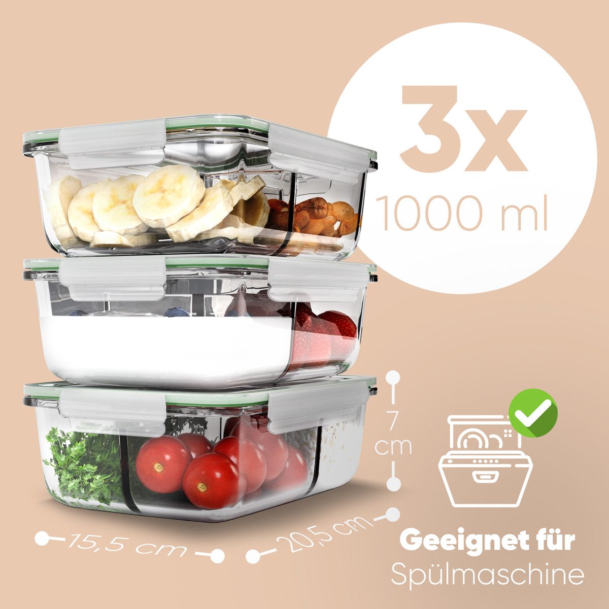 classbach Frischhaltedose C-FHDM 4021 G, Meal Prep Boxen Glas mit Fächern, 3er Set – Bild 4 von 5