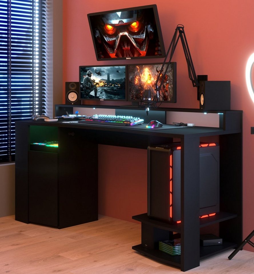 Parisot Schreibtisch Gaming (Gaming Computertisch, mit TV-Podest),  inklusive LED Beleuchtung