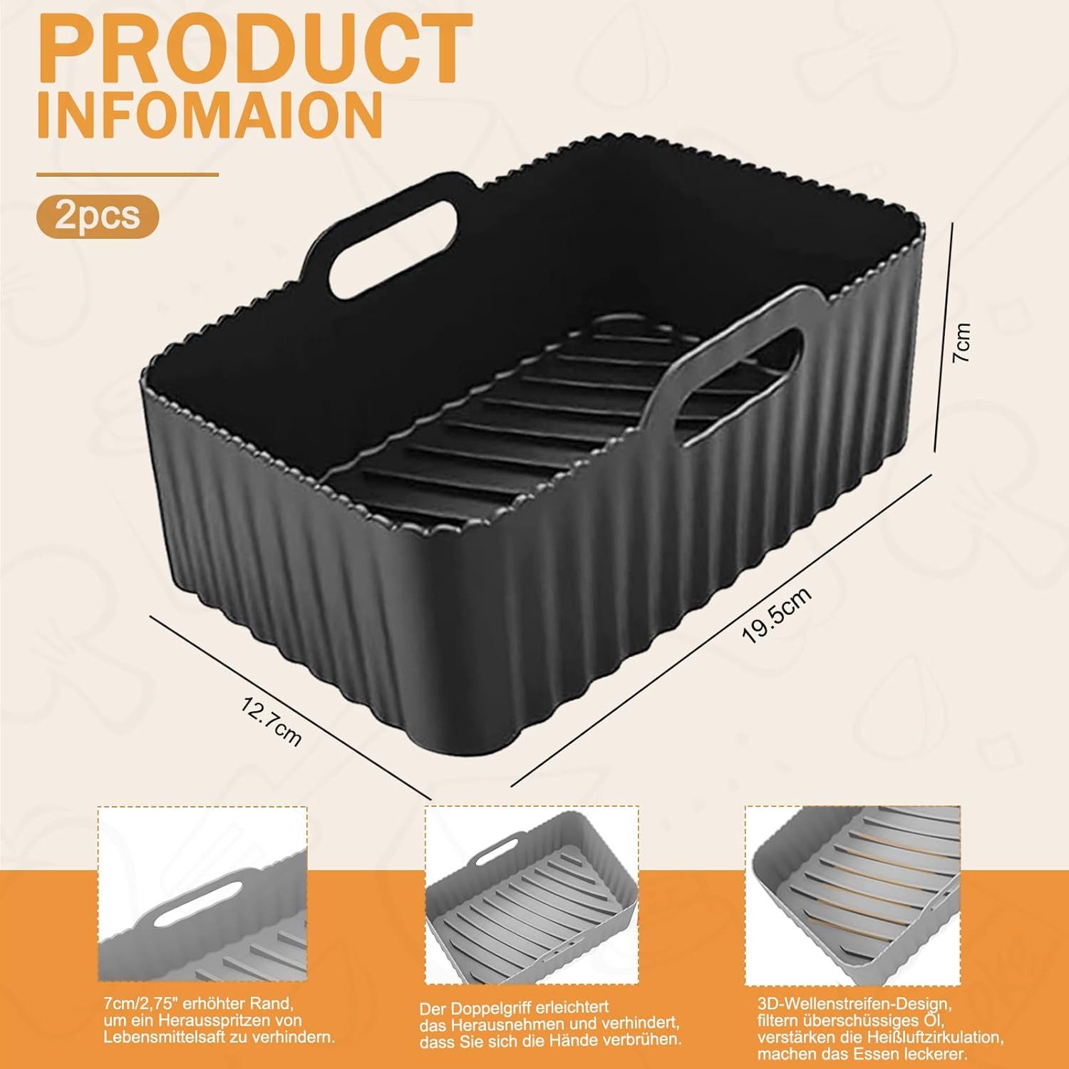 BlingBin Silikonform 2 Stück Heißluftfritteuse Backform für Ninja Foodi AF300/AF400, (2er Set 2-tlg), Wiederverwendbar Air Fryer Silicone Pot Zubehör, Einfache Reinigung