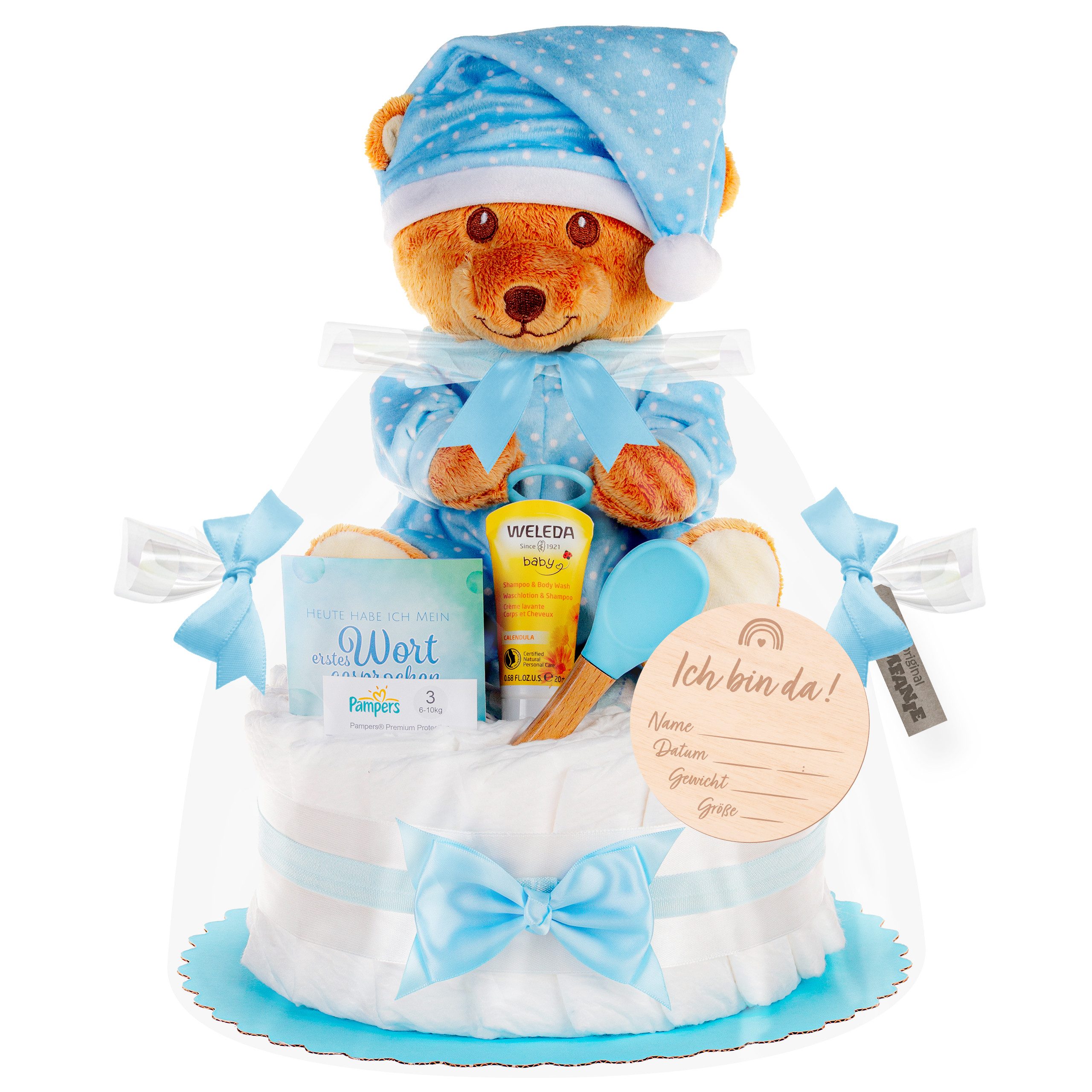 Timfanie Windeln Windeltorte, LiebhabBÄR, blau, 0-8 Monate (Handgefertigtes Geschenk - In Folie gehüllt, mit Schleifen verziert, 28-St., 20 Pampers Premium, 1 Marken-Kuscheltie, wertige Accessoires), Das Perfekte Geschenk zur Geburt oder Babyparty.