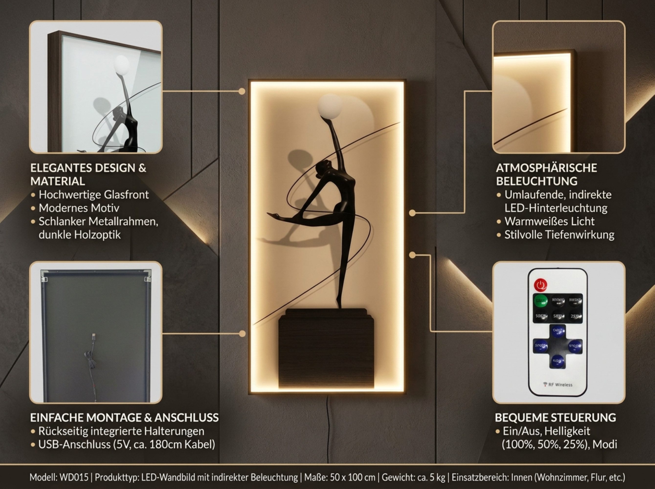 Arnusa LED-Bild großes beleuchtetes Wandbild moderne Wanddekoration Wandleuchte, Tänzerin, Glasbild 100x50 cm Wandleuchte Dekoleuchte