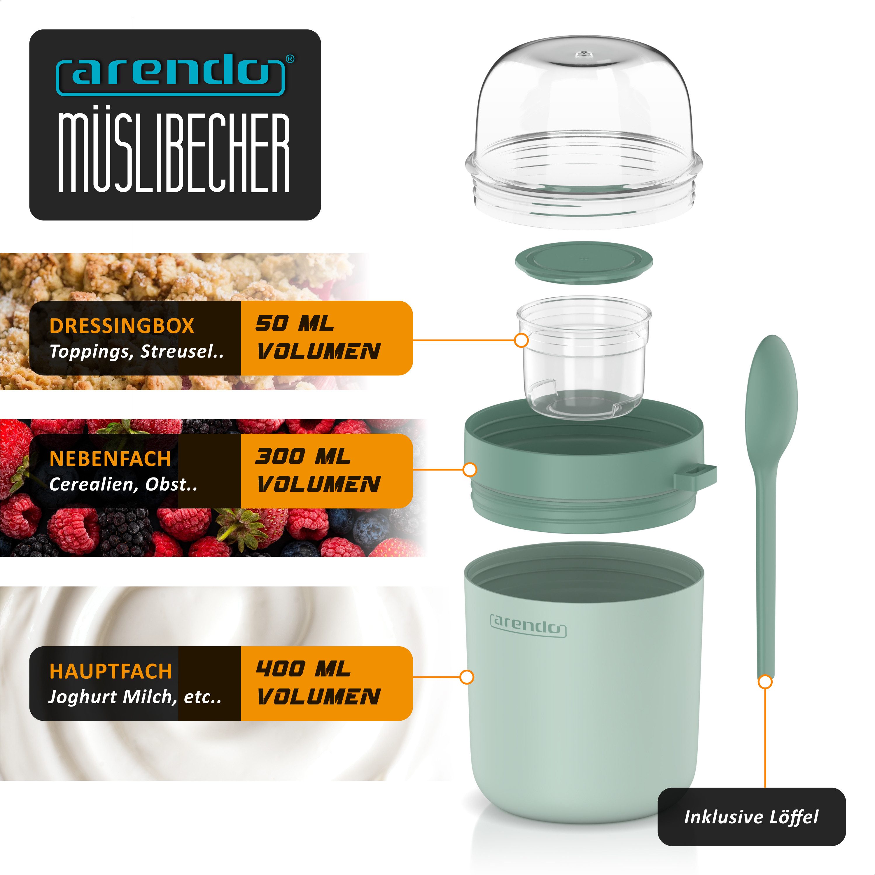 Arendo Mehrwegbecher Müslibecher mit Löffel, Aufbewahrungsbecher 750ml, To Go, (1 x Joghurtbecher, 1 x Klarsichtdeckel, 1 x Dressingbox, 1 x Löffel), Joghurtbecher, 3 getrennte Behälter, Klarsichtdeckel, auslaufsicher