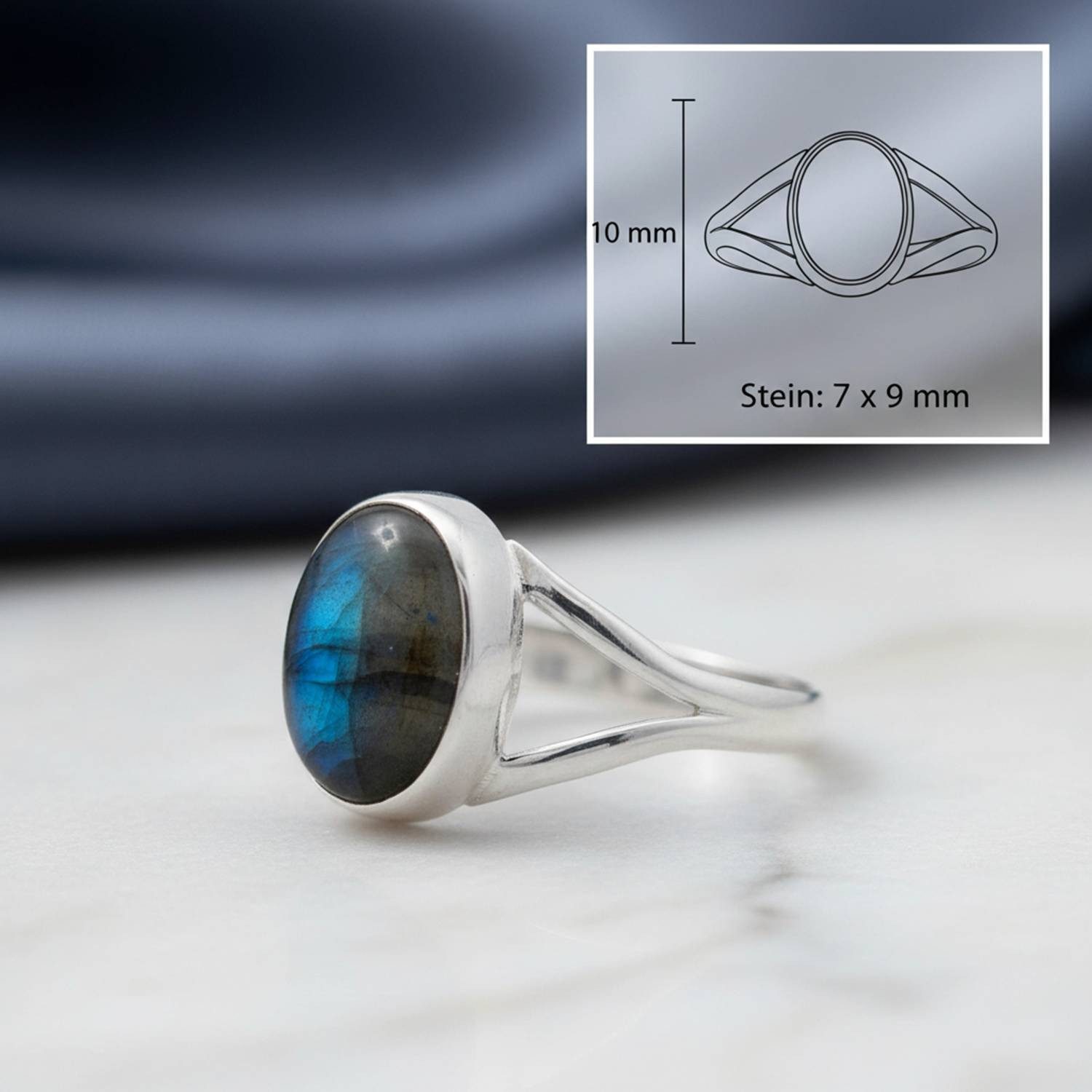 mantraroma Silberring HARDIN aus 925 Silber mit Labradorit (Ring mit Schmuckbeutel), Damenring aus 925er Silber