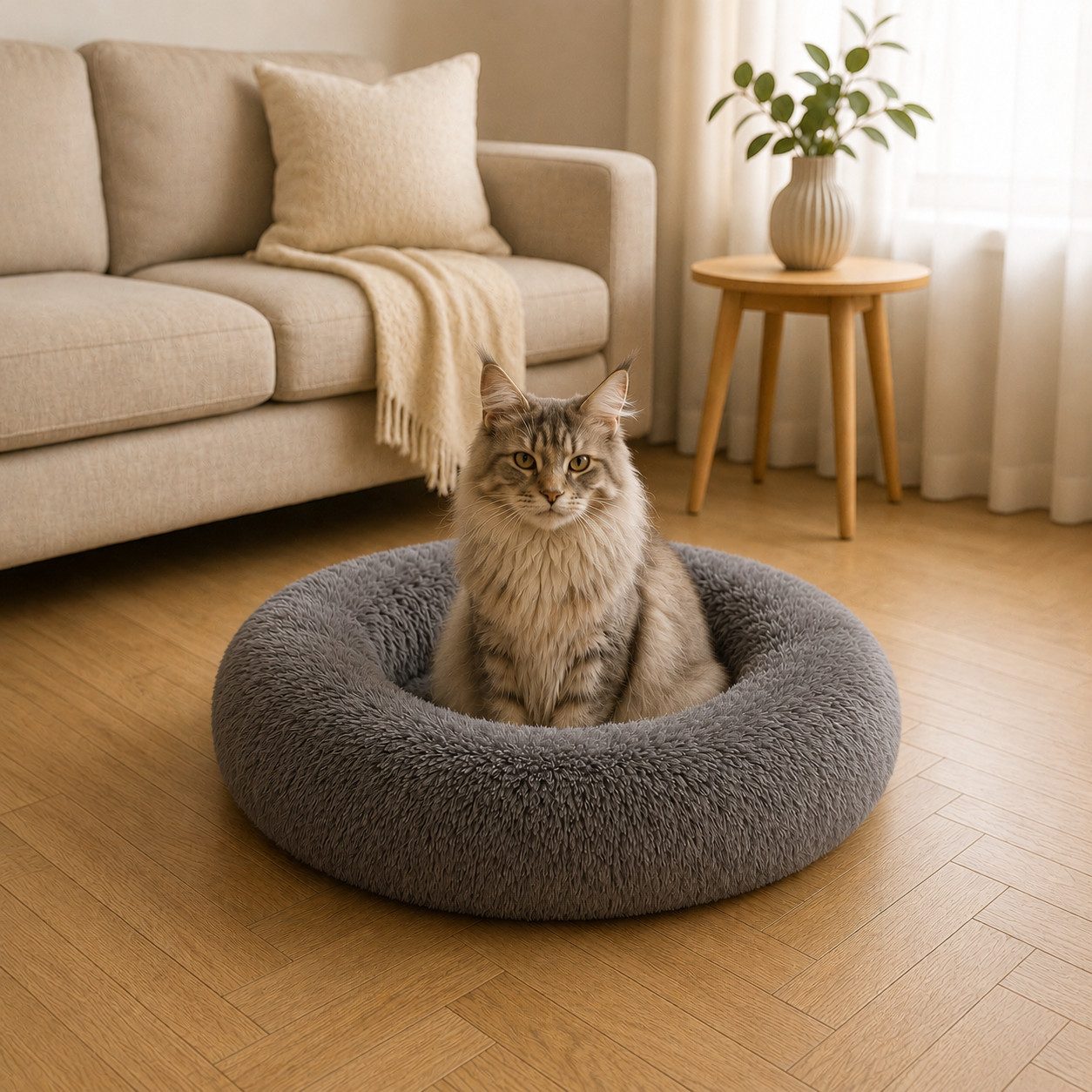 belviona Katzenliege, Donut Katzenbett aus flauschigem Plüsch, Ø70 cm dunkelgrau, erhöhter Rand, weiches Katzenkörbchen, rutschfest & gemütlich