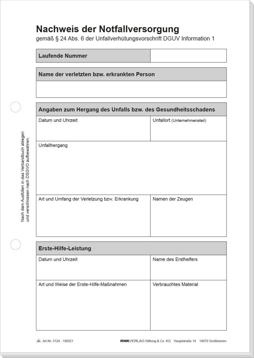 Formularblock Nachweis der Notfallversorgung A5 50 Blatt
