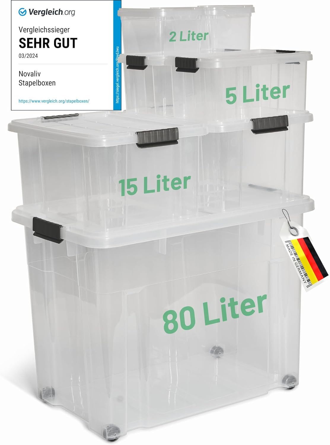 Novatool Aufbewahrungsbox 30544-TRA-S1 (1 St), Novaliv 7 tlg Sparset Aufbewahrungsboxen mit Deckel Transparent 1x80L