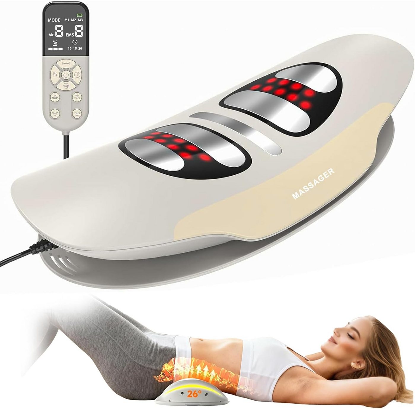 Fyrove Massagegerät Elektrisches Rückenmassagegerät für Lendenwirbel, Ruckenmassagegerat mit Warme & EMS-Impuls 3 Heizstufen 3 Massageprogramme, Lenden-Zugmassagegerät mit Wärme Vibration, Krümmungsfunktion, Lendenwirbel-Zugmassagegerät mit Luftkissen-Hub