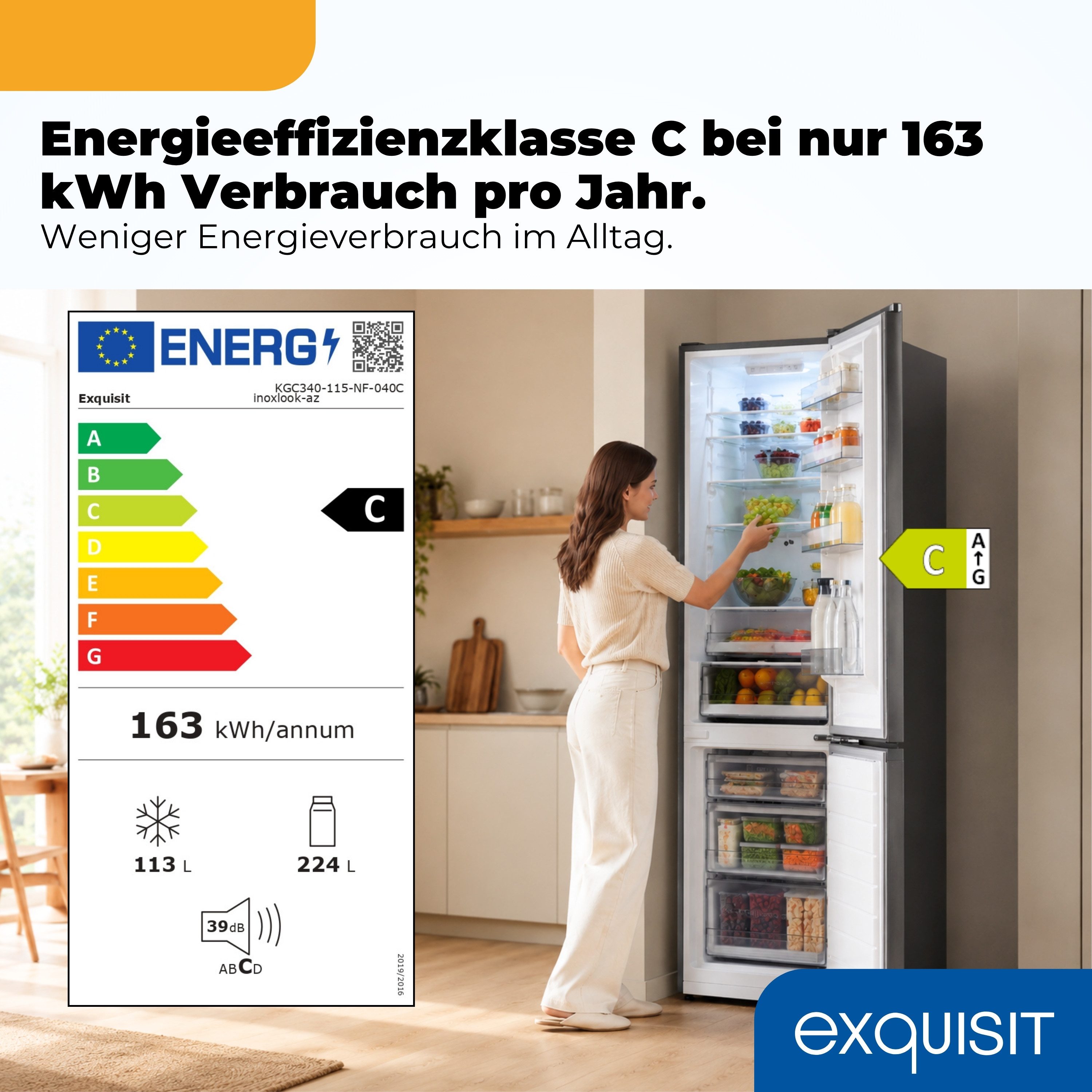 exquisit Kühl-/Gefrierkombination KGC340-115-NF-040C inoxlook-az, 186 cm hoch, 59,5 cm breit, NoFrost Technologie für dauerhaft eisfrei ohne Abtauen