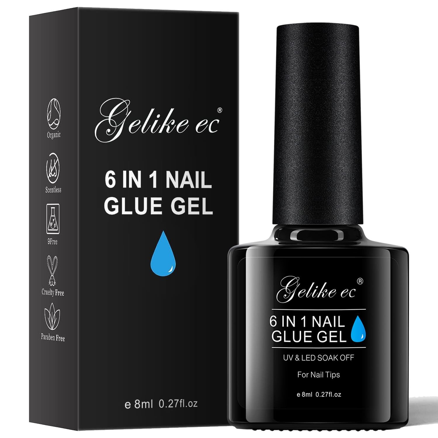 Gelike ec Nagelpflege-Set Nagelkleber Für Kunstnägel 6 in 1Clear Extra Stark, Klar / Transparent für ein natürliches Finish, Extra starker UV-Nagelkleber für Kunst- & Press-On-Nägel