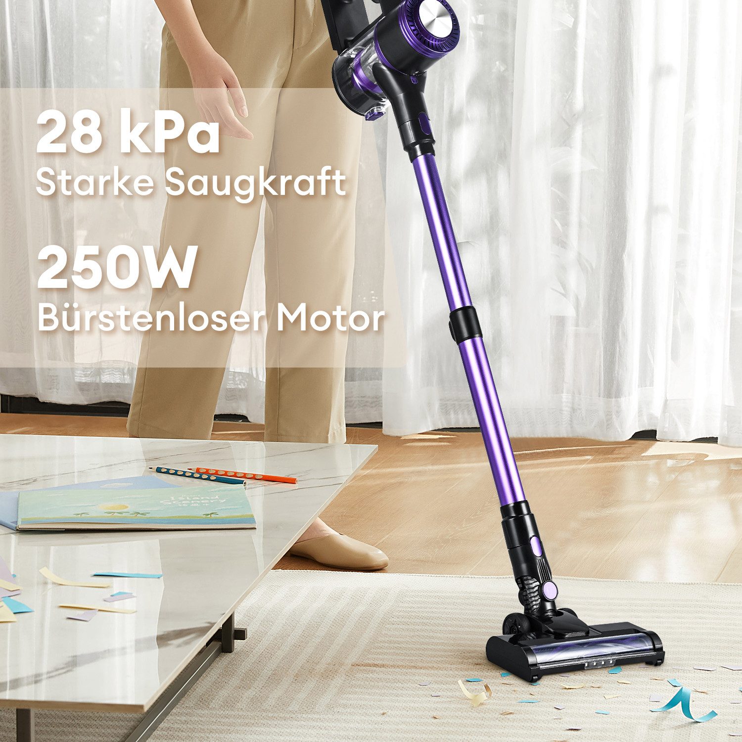 CkeyiN Akku-Hand-und Stielstaubsauger 28000Pa/ 55Min/ 2 Saugstufen Akku Handstaubsauger mit Teleskopstange, 250 W, 4-Stufen-Filter LED-Leuchte Anti-Tangle-Bürste für Boden,Auto,Teppiche
