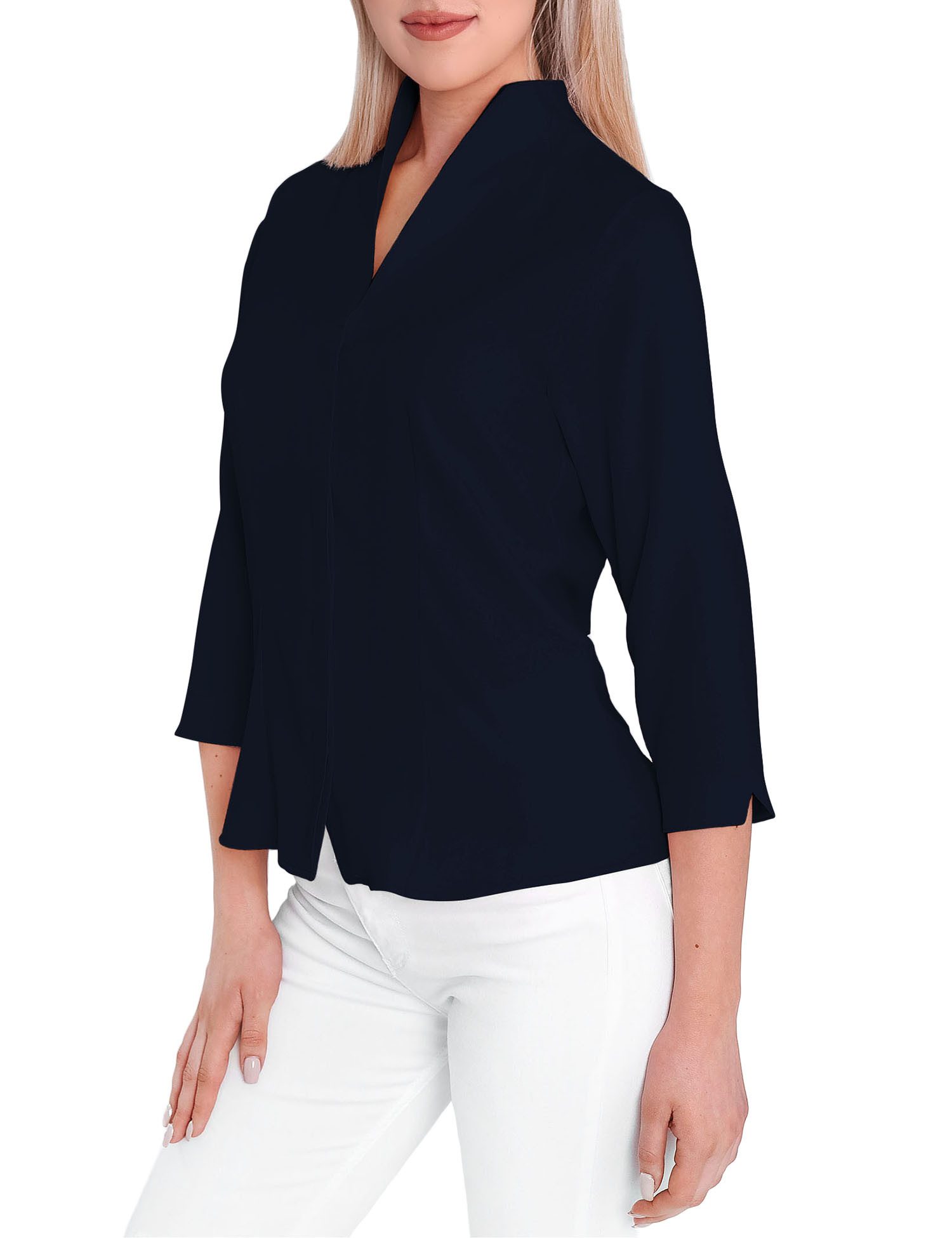 HEVENTON Klassische Bluse 3/4-Ärmel, Business-Bluse mit Kelchkragen, bügelleicht