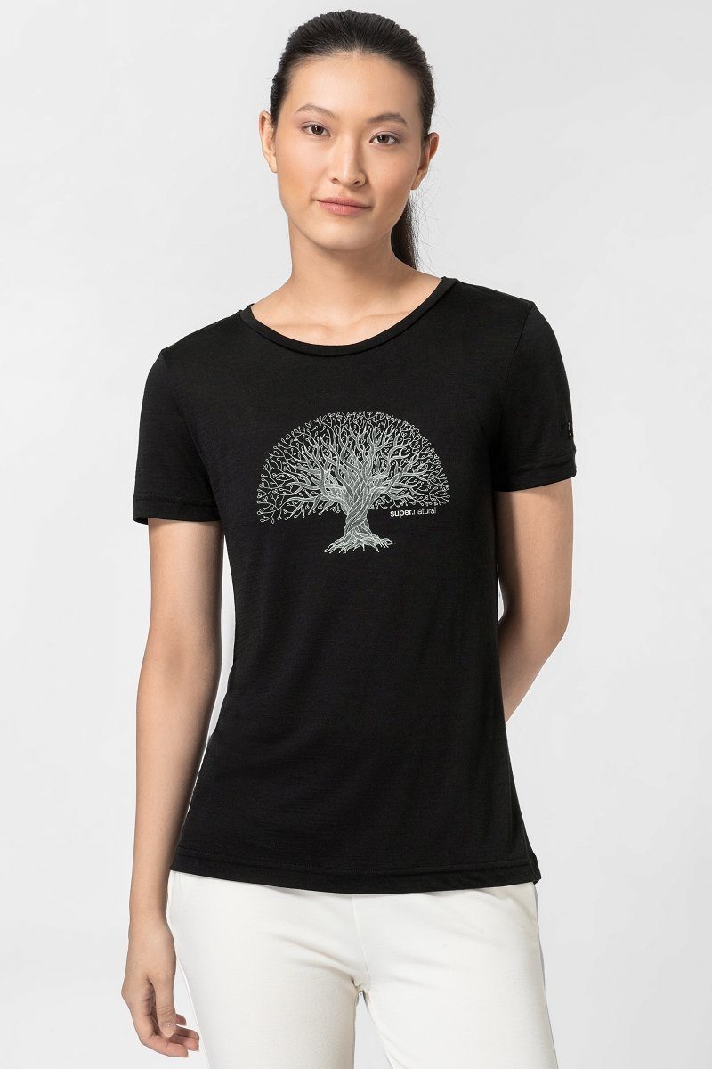 SUPER.NATURAL Print-Shirt Merino T-Shirt W TREE OF KNOWLEDGE TEE geruchshemmender Merino-Materialmix