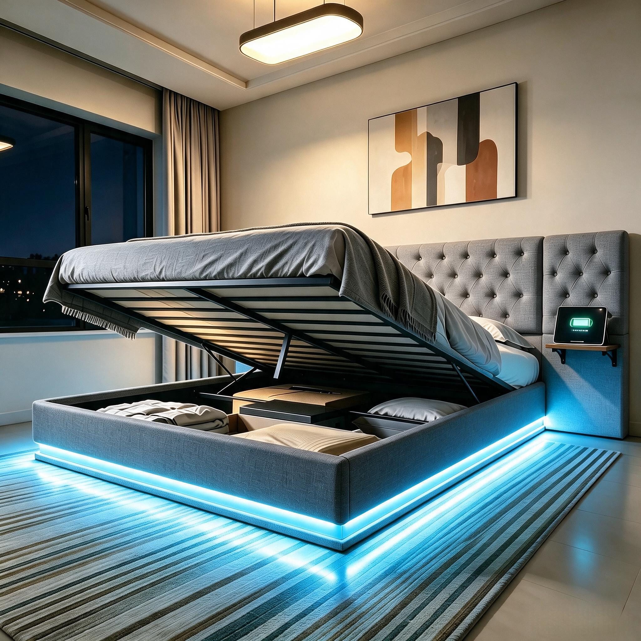 Furnishings Home Polsterbett Doppelbett Stauraumbett Bettkasten LED Licht 140x200 cm (Mit Komforthöhe Lattenrost und Ladefunktion), Modernes Jugendbett, Leises Design Bett, Max. Belastbarkeit 350 kg