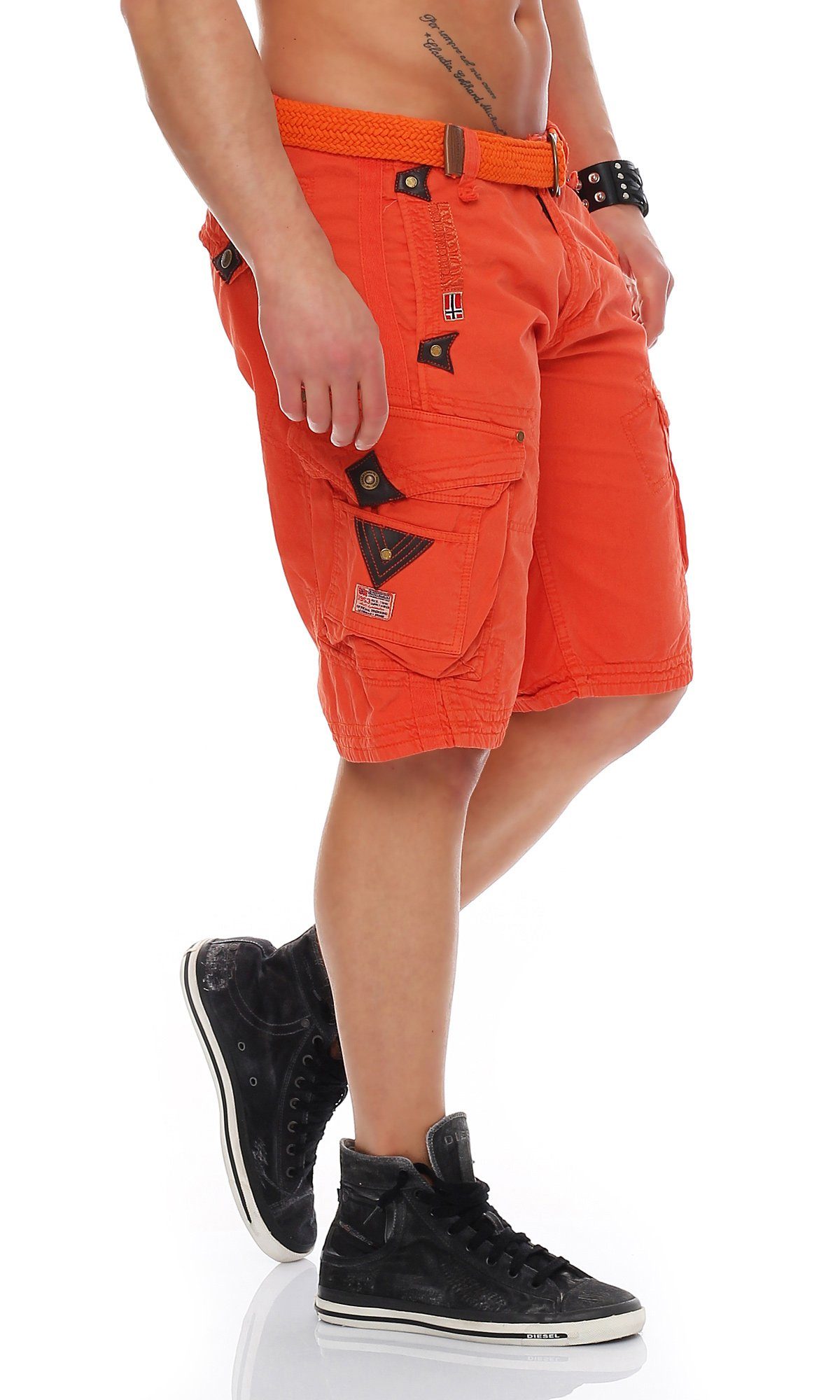 Geographical Norway Hose, Gürtel) / camouflage Shorts Herren (mit Shorts, G-PERLE Mandarine kurze abnehmbarem unifarben Cargoshorts