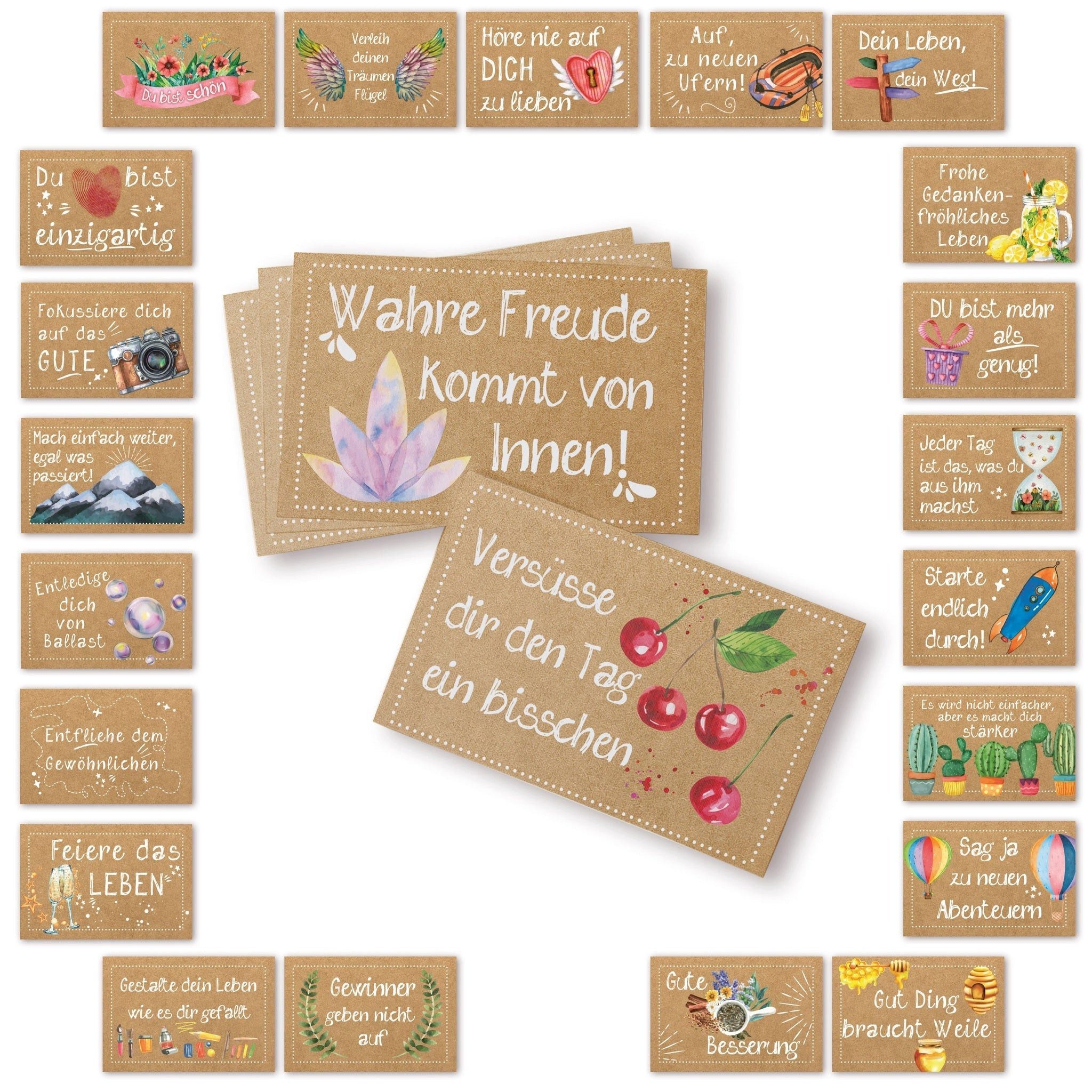 Logbuch-Verlag Dekofigur 24 kleine Sprüche Karten Motivationskarten braun bunt 8,5 x 5,5 cm