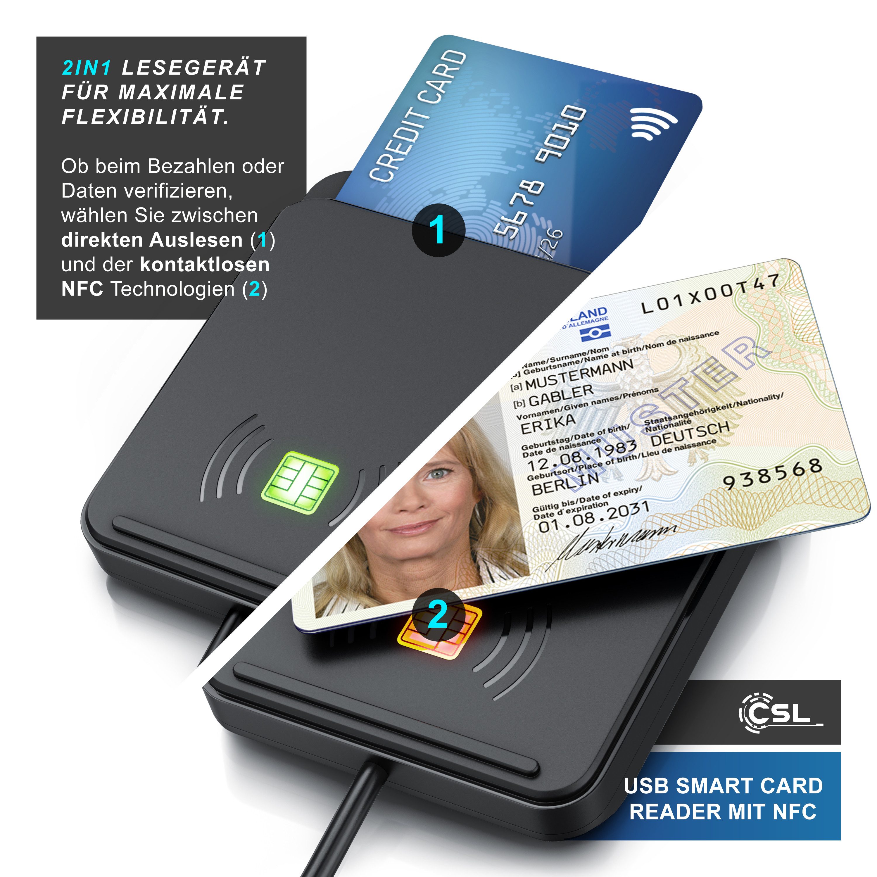 CSL Personalausweis Lesegerät Mit NFC - Dual Mode Chipkartenleser Für PC & Laptop