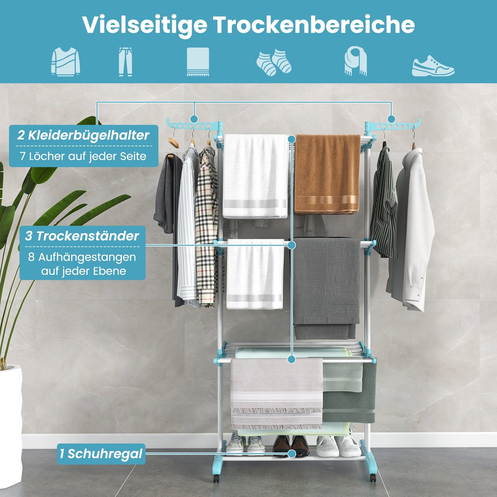 COSTWAY Turmwäscheständer, klappbar, platzsparend, mit Rollen, ausziehbar, 127cm