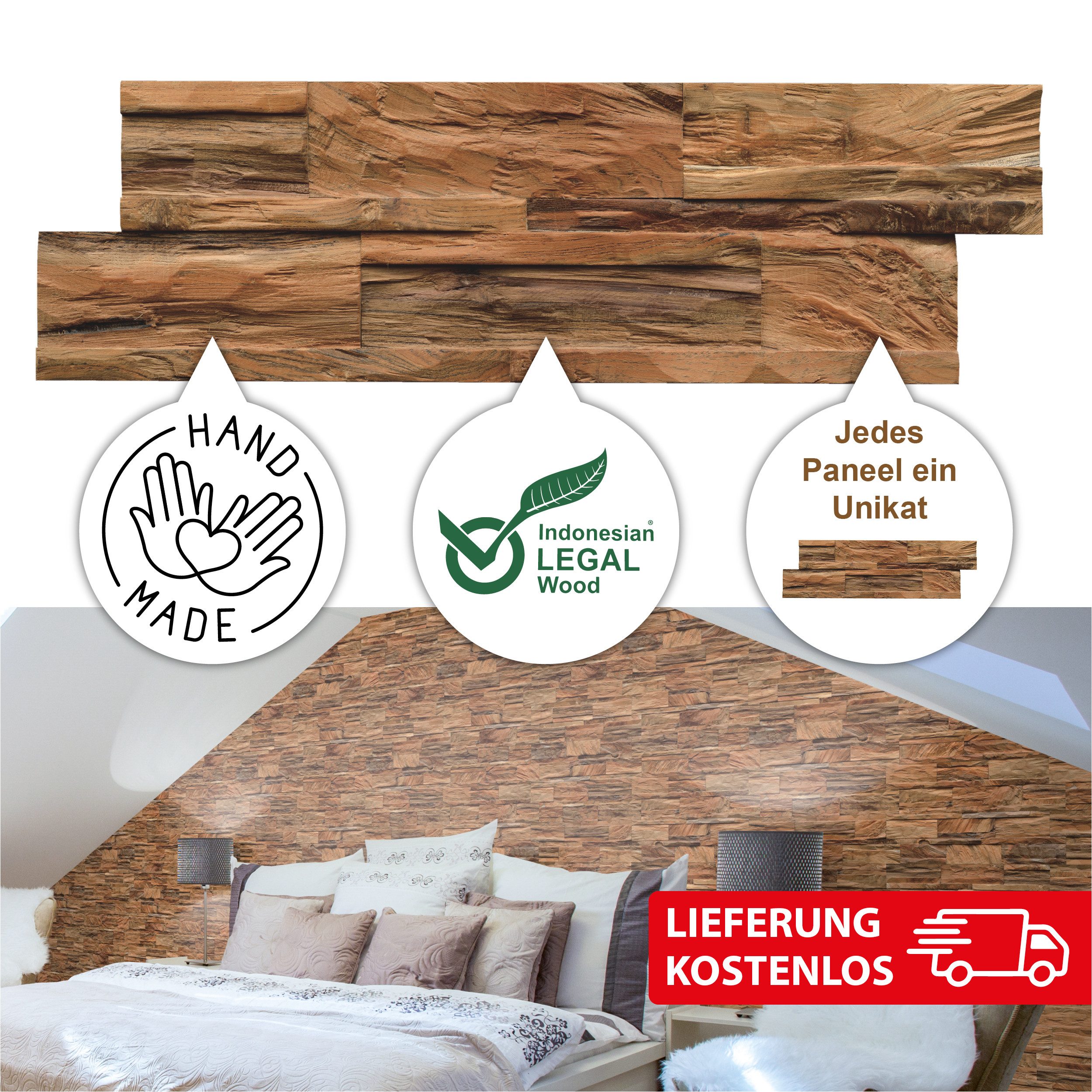 INDO 3D Wandpaneel Teak Diamond Z-Lock, BxL: 18,00x55,50 cm, 0,10 qm, (Packung mit 1 m², Versandkostenfreie Lieferung) schallreduzierende Wandverkleidung mit 3D-Effekt