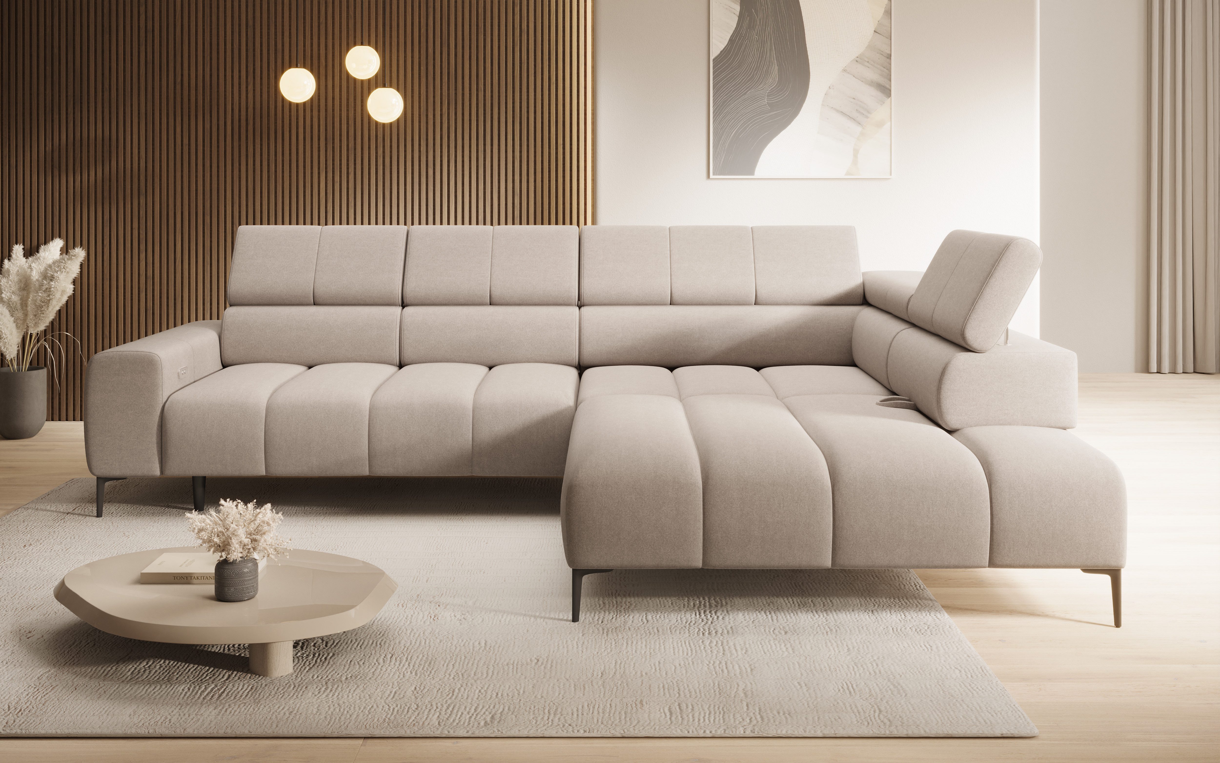thematys Ecksofa MELLOW elektrisch 302 x 218 cm – mit elektrischem Sitzauszug, L-Sofa mit 4 verstellbaren Kopfstützen, Elektrischem Sitzauszug, Verstellbarer Rückenlehne, Velours (Element) - L-Form, Wohnlandschaft, 302 cm breit