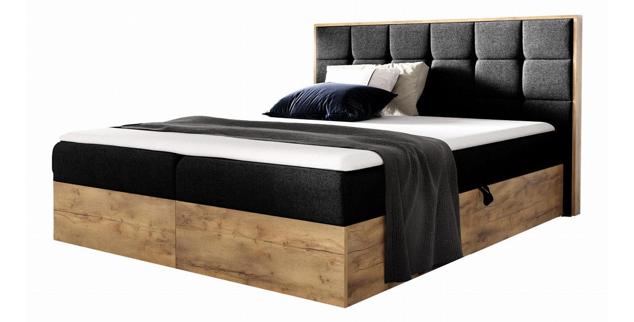 yourhouse24 Boxbett Wood I mit zwei Bettkästen, Doppelbett mit Bonell-Matratze + Topper