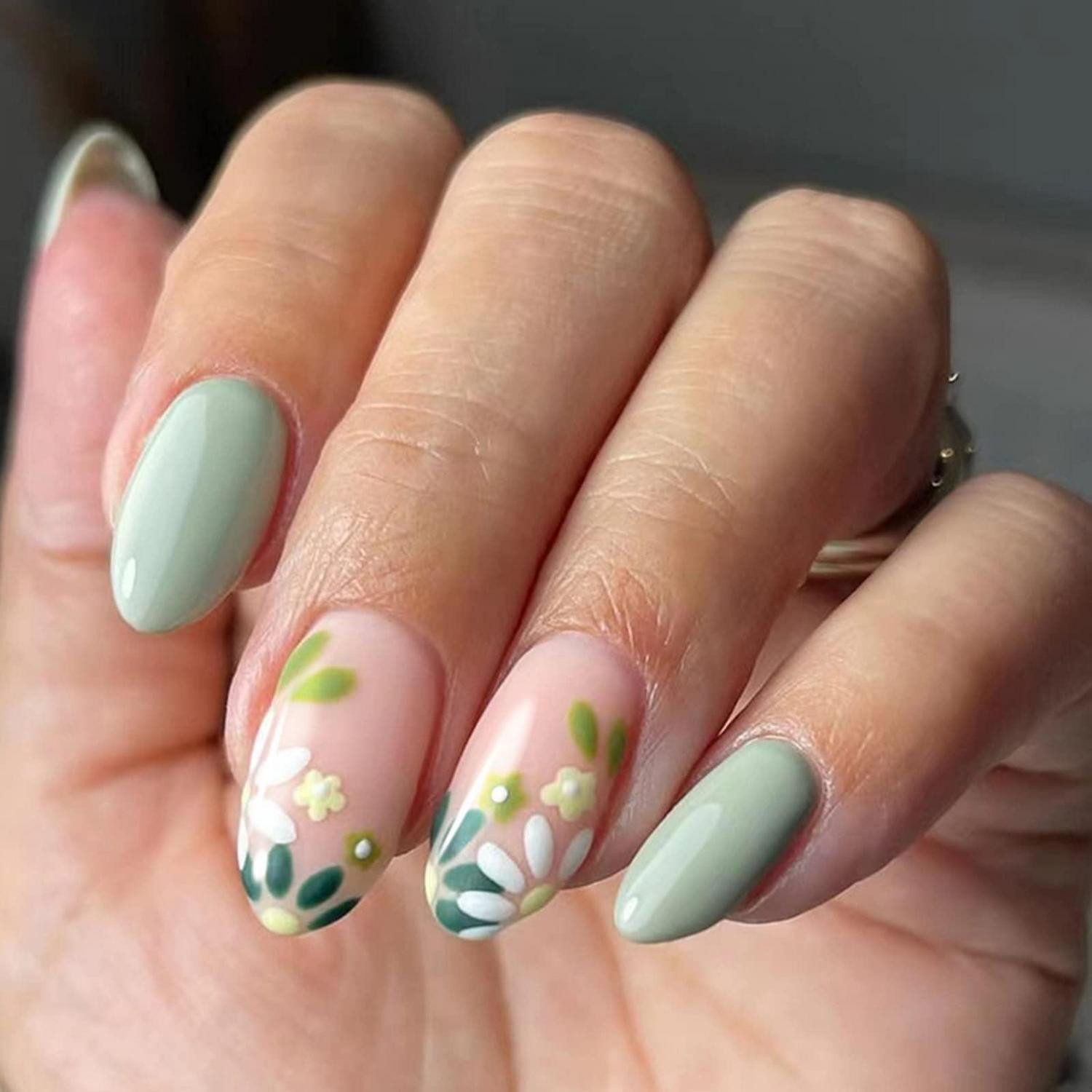 LuxusKollektion Kunstfingernägel Künstliche Nägel Mittel Mandel Grüne Blumen, 24-tlg.
