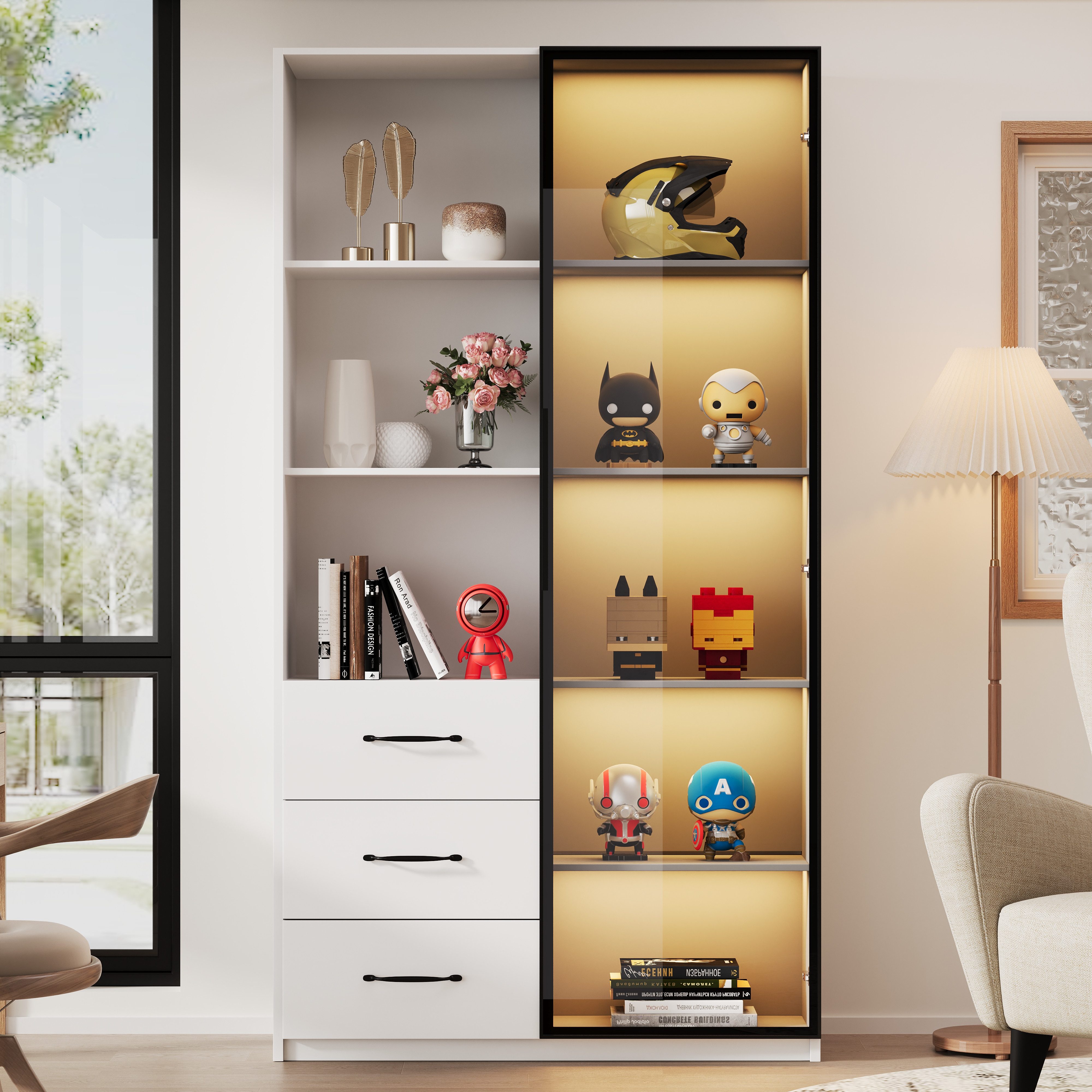 Celya Vitrine Küchenschränke Bücherschrank mit Glastür und LED-Beleuchtung (mit 3 Schubladen und 3 offene Fächer, Aluminiumrahmen) Ideal für für Wohn-, Schlaf-, Arbeits- oder Esszimmer