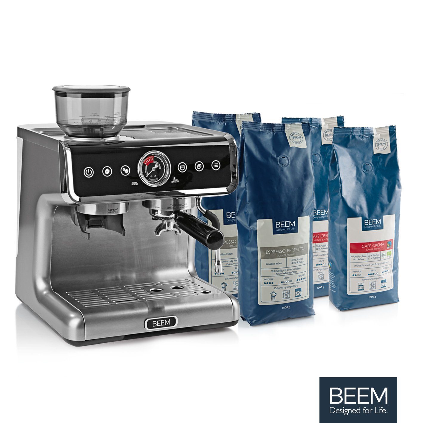 BEEM Espressomaschine ESPRESSO-GRIND-PROFESSION Espresso Siebträgermaschine  Mahlwerk, 2xThermoblock, Dampfdüse, zwei Tassen, +4kg Kaffee
