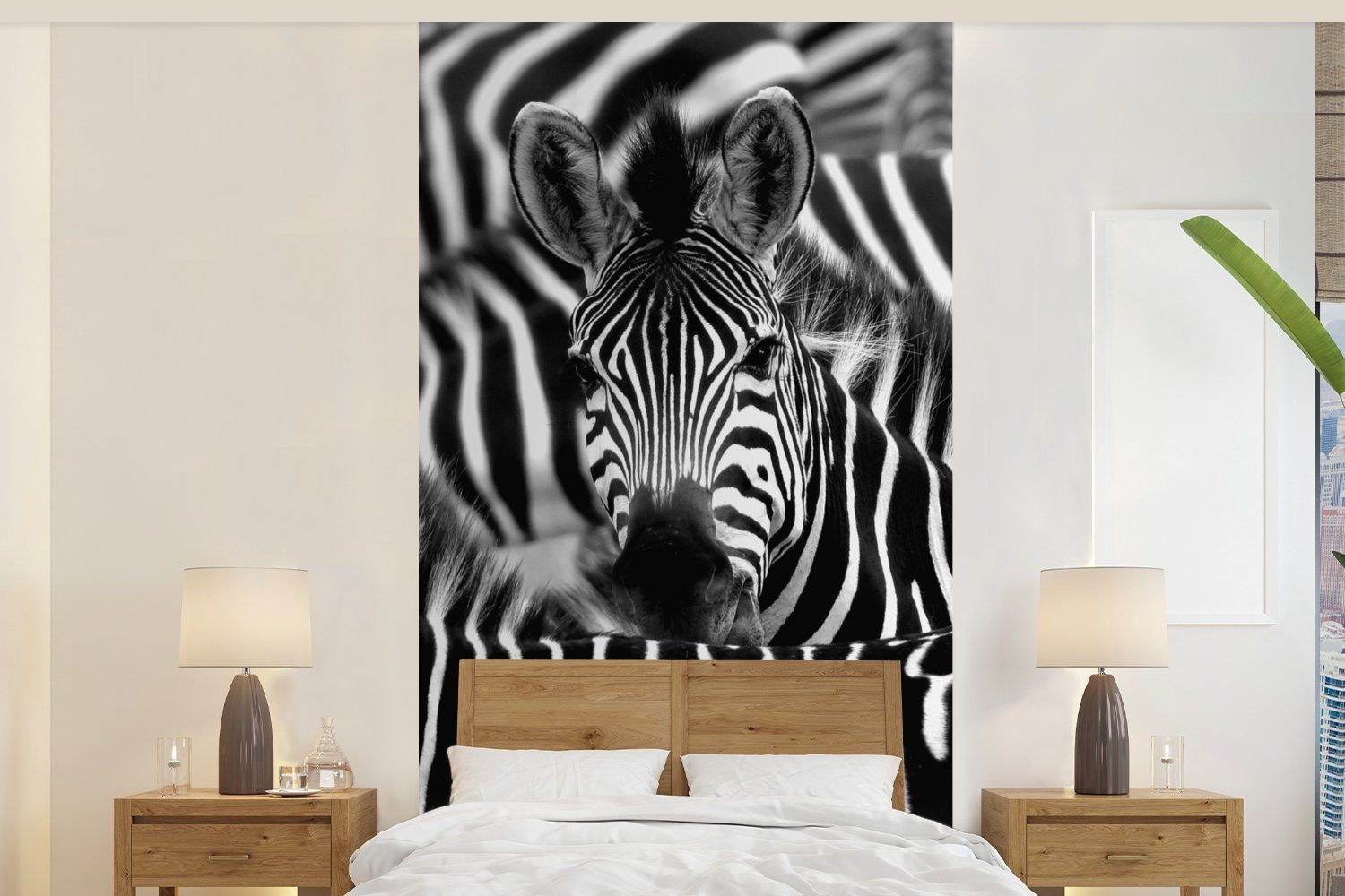 MuchoWow Fototapete Zebra schwarz-weiß Fotodruck, Matt, bedruckt, (2 St), Vliestapete für Wohnzimmer Schlafzimmer Küche, Fototapete