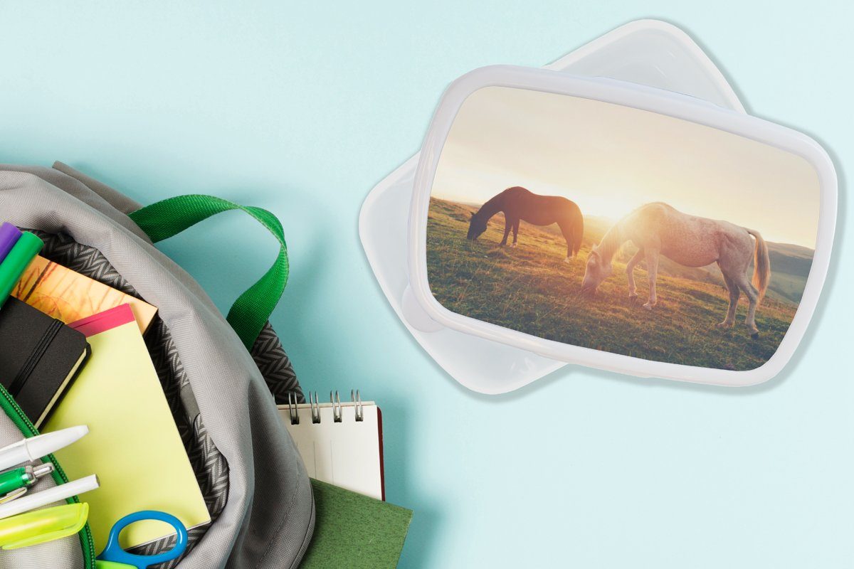 MuchoWow Lunchbox Pferde - Sonne Jungs - weiß Tiere, Brotbox Brotdose, Kinder Mädchen Kunststoff, Erwachsene, und für für (2-tlg), und