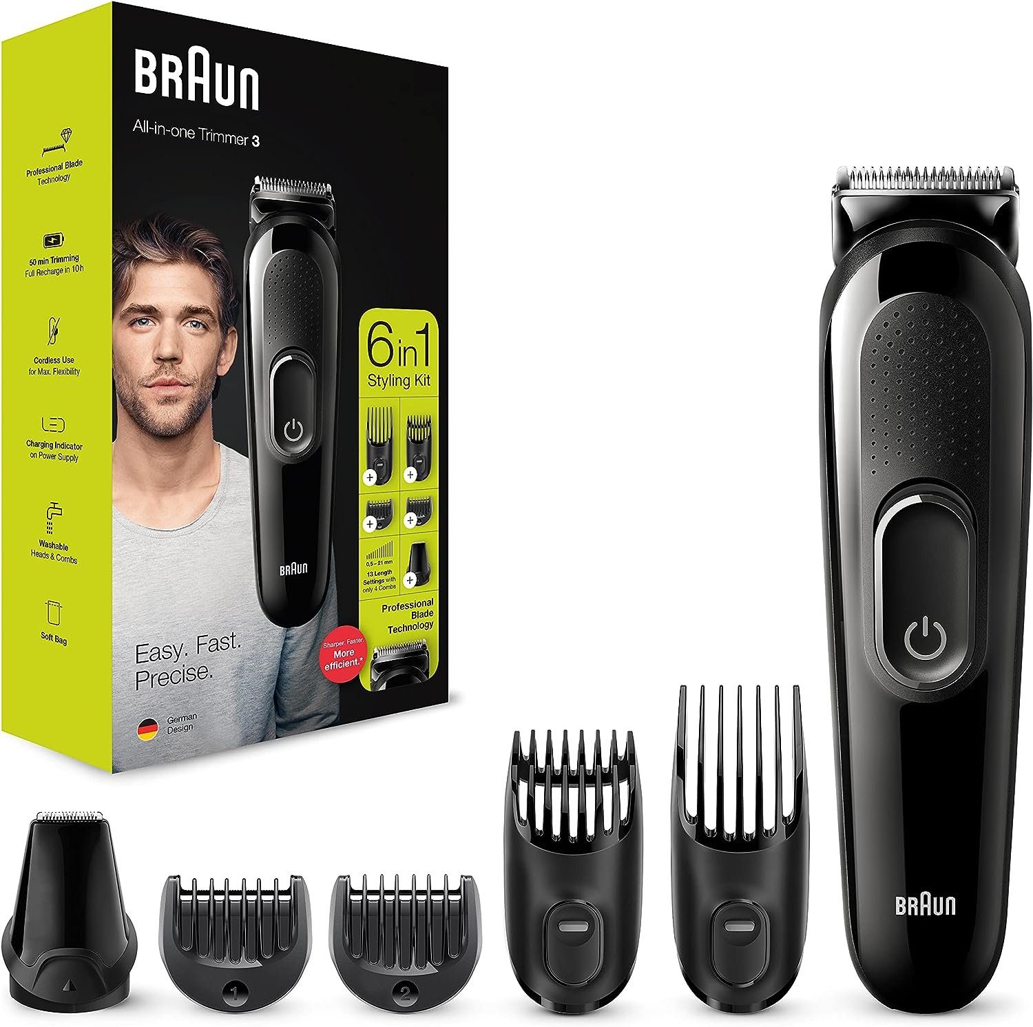 Braun Multifunktionstrimmer Braun 6-in-1 Bartschneider, mit Haar- und Nasentrimmer, Styling-Set, Set für Bart, 6-1 Styling KIT, Wiederverwendbar, langgiebig, leicht zu bedienen, lange Akku Zeit