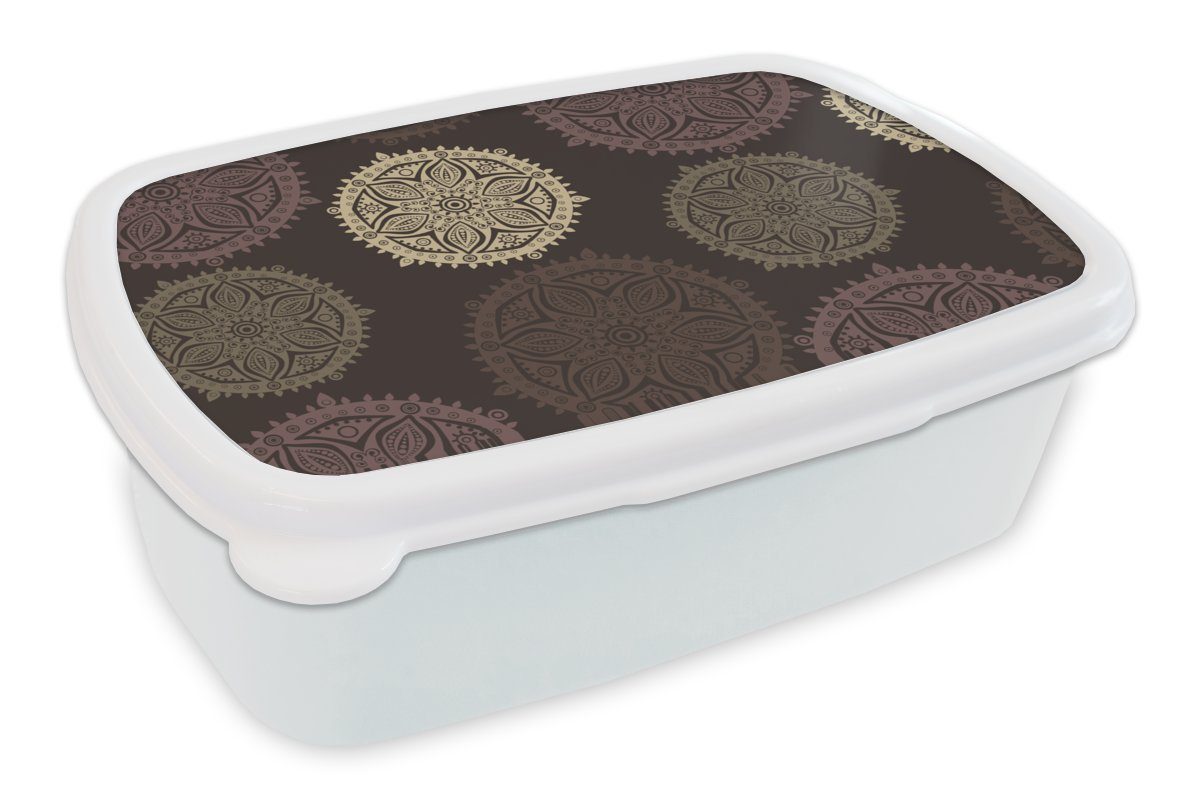 MuchoWow Lunchbox Gestaltung - Mandala - Braun, Kunststoff, (2-tlg), Brotbox für Kinder und Erwachsene, Brotdose, für Jungs und Mädchen weiß