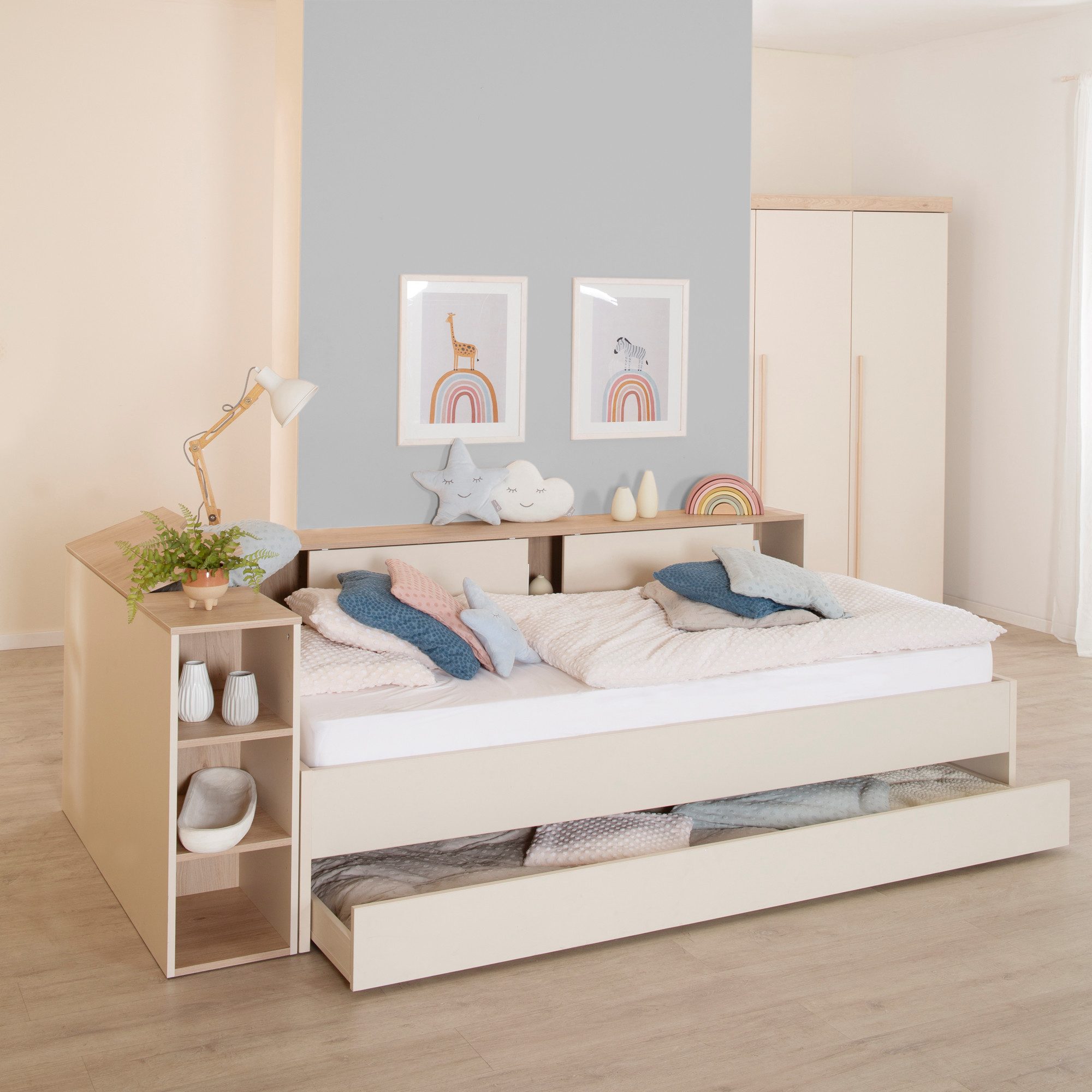 roba® Kinderbett Elis 90 x 200 cm - Jugendbett mit viel Stauraum - Holz - Cashmere (4-tlg., Kinderbett, Schubkasten, Seitenregal, Kopfregal), Stauraumbett in modernem Skandi Design - ab ca. 6 Jahren