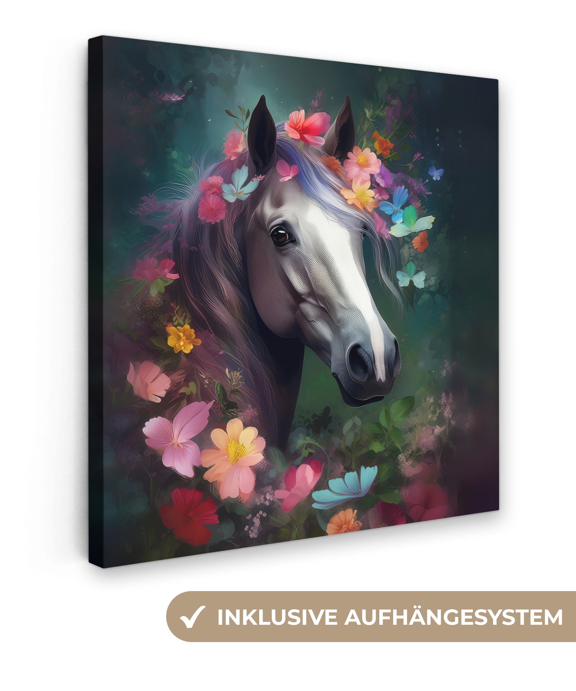 OneMillionCanvasses® Leinwandbild Pferd - Natur - Blumen - Wald - Tiere, (1 St), Leinwand Bilder für Wohnzimmer Schlafzimmer, 20x20 cm