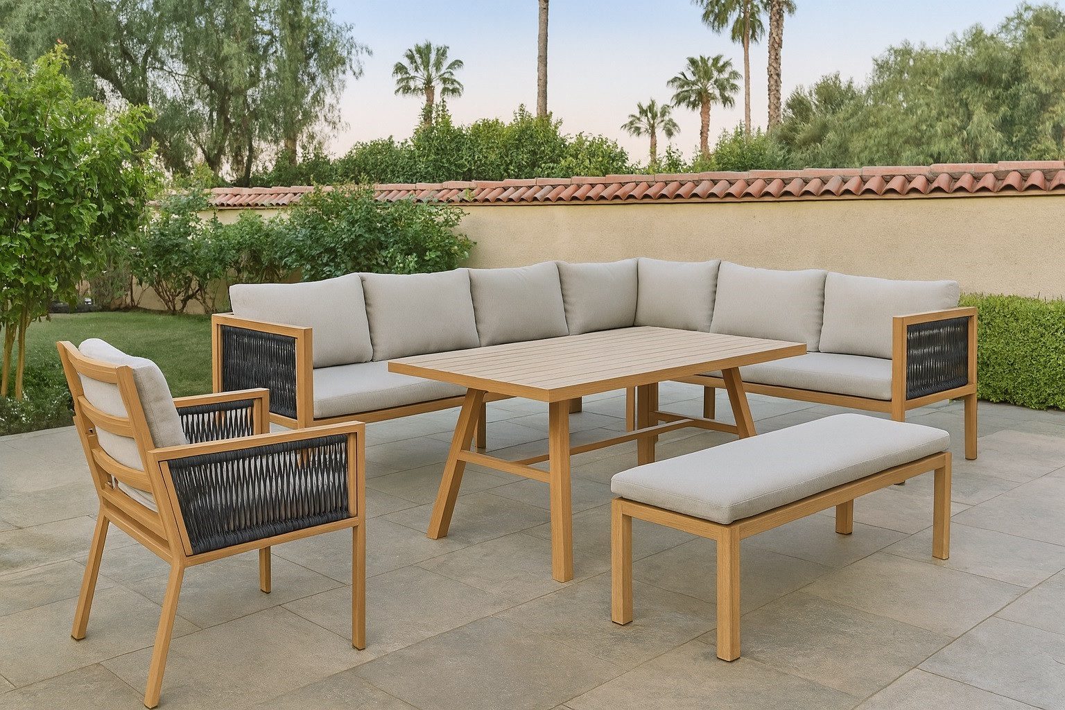 Gardissimo Gartenlounge-Set Luka rechts / Alu / Gartenmöbelset / Dining Lounge / Holz Optik, (Spar-Set, 4-tlg., Komplett-Set), inkl. Auflagen / wetterfest / pflegeleicht / Outdoor