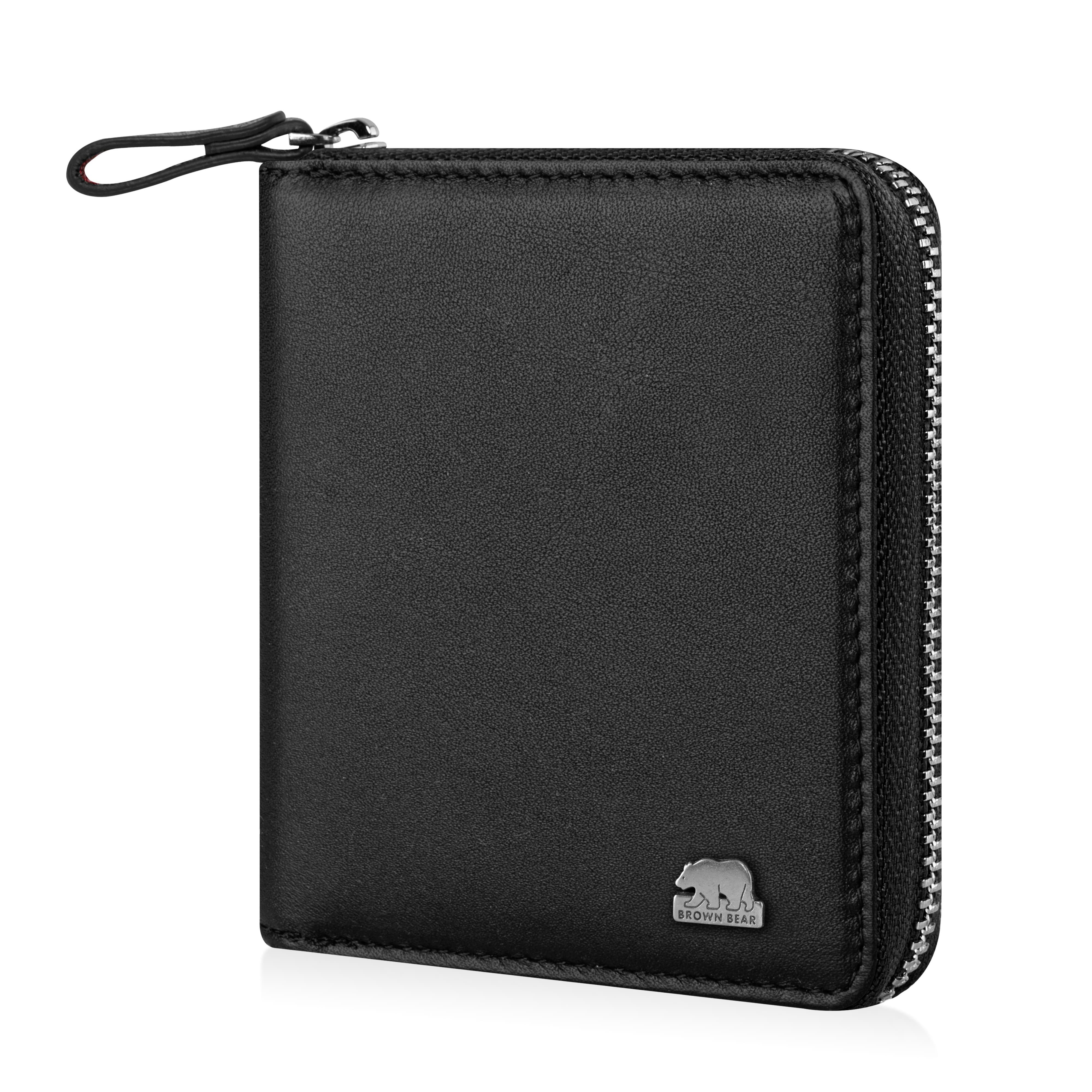 Brown Bear Geldbörse Classic 8009 mit umlaufenderm Reißverschluss aus Echtleder, mit 10 Kartenfächern und RFID-Schutz Farbe Schwarz Nappa