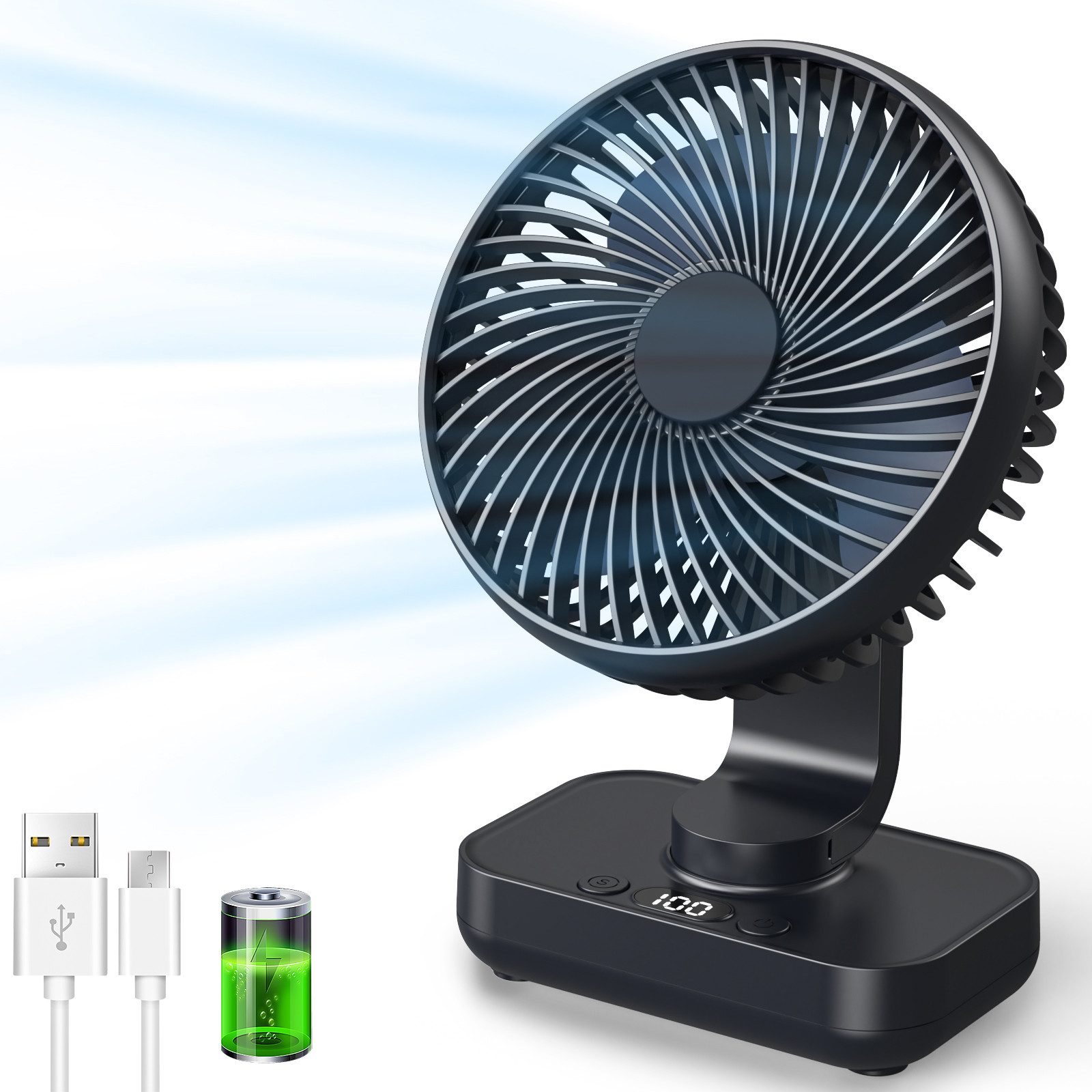 skelo Tischventilator Automatisch Oszillierend, Leise 30 dB, Sanfter Luftstrom, 3600mAh, 0,6 cm Durchmesser, USB-C, LED Display, Abnehmbar, 4 Geschwindigkeiten, Klein & Tragbar