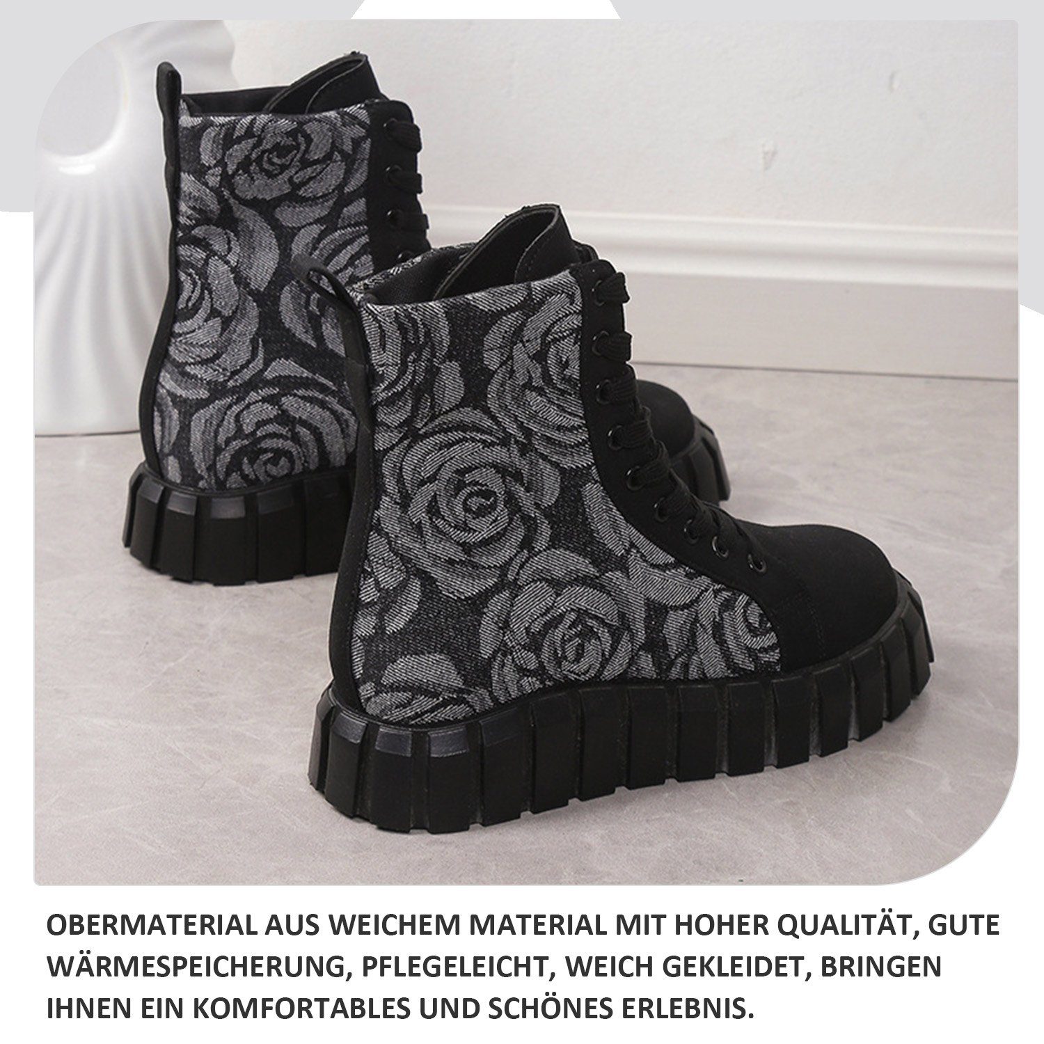 Daisred Blume Schwarze niedrigem mit Sohle Stiefel und Damen-Stiefeletten Absatz