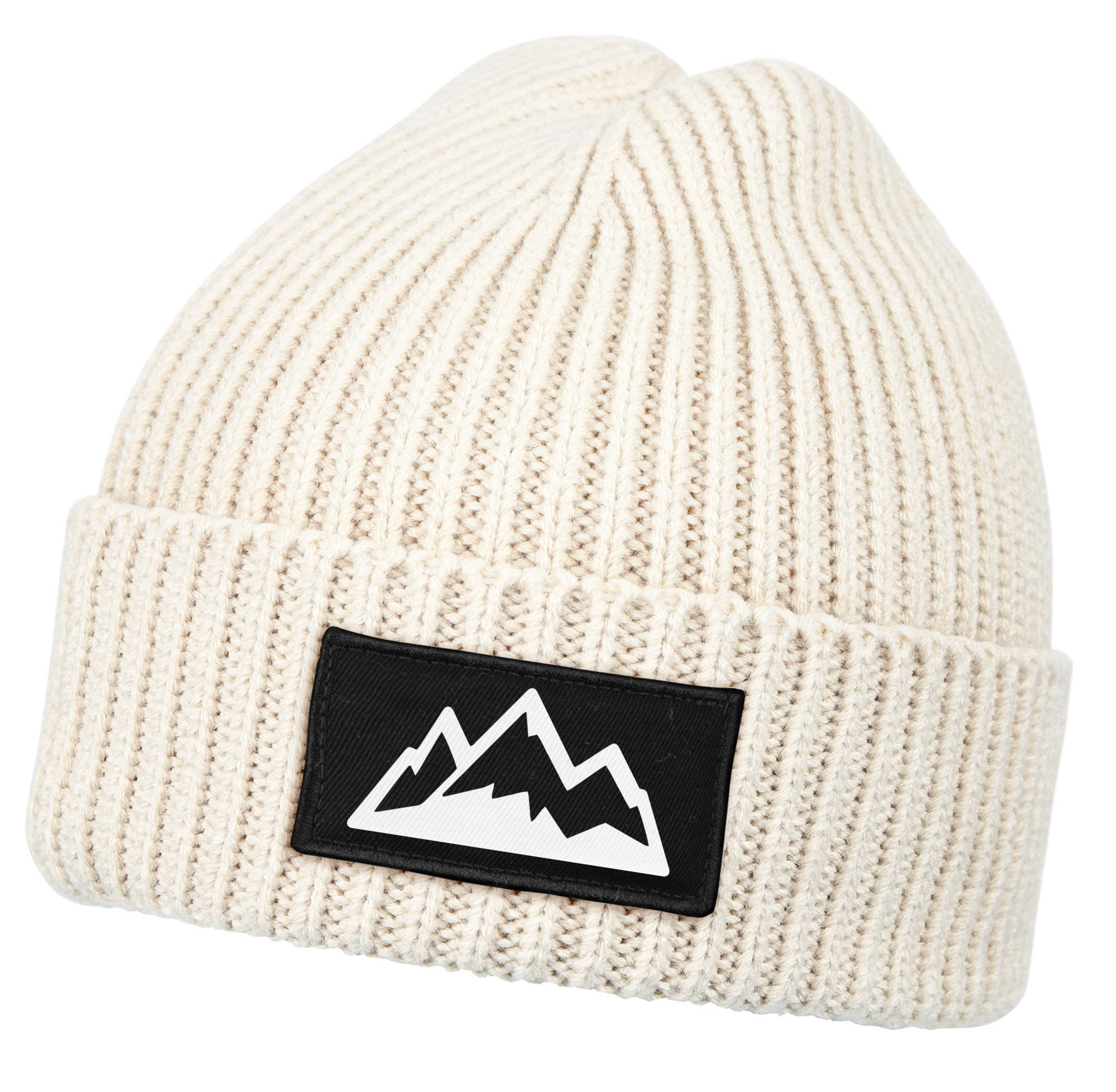 Strickmütze Herren Beanie Wintermütze mit Patch Mountain Badge Aufdruck Print