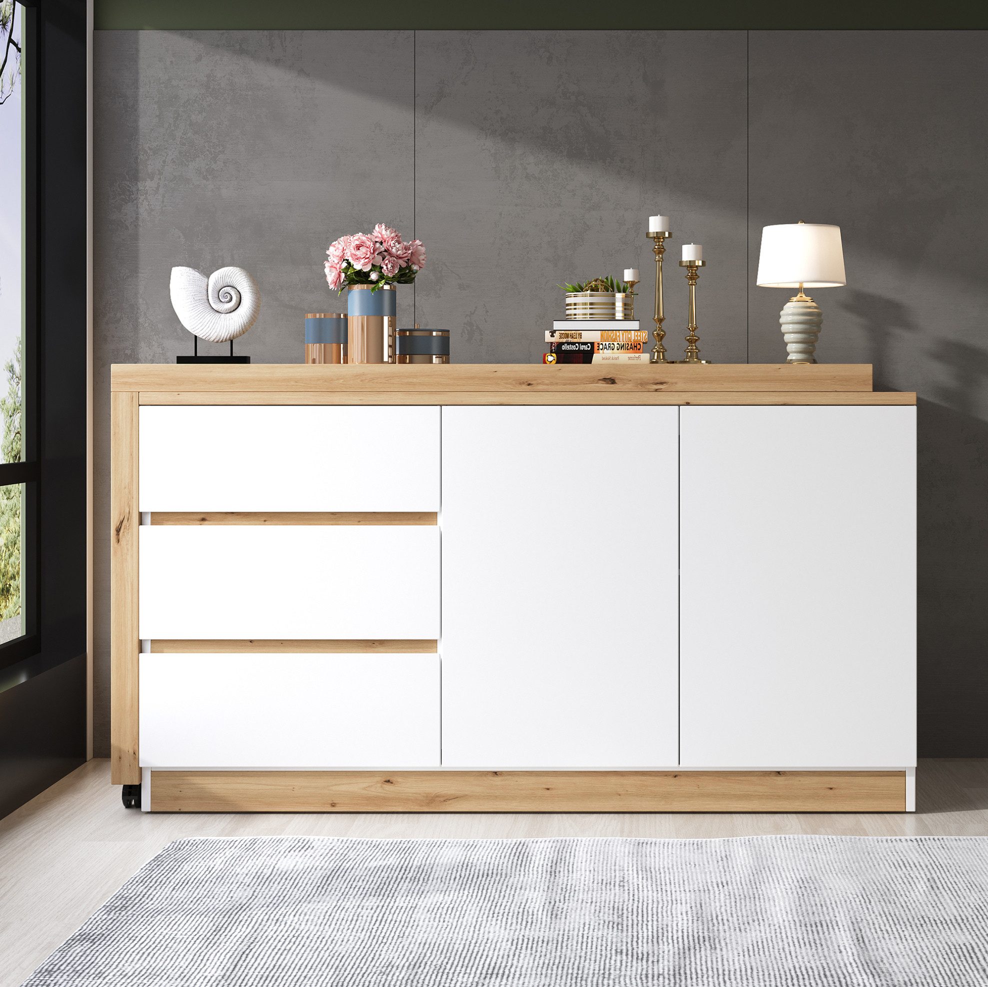 MODFU Eckschreibtisch Multifunktionstisch mit 3 Schubladen & 2 Türen (Packung, 1-St., Natur+Weiß, 120×78×50 cm, für Büro & Wohnzimmer), drehbare Platte, 4 cm stark, Rollen mit Bremsen