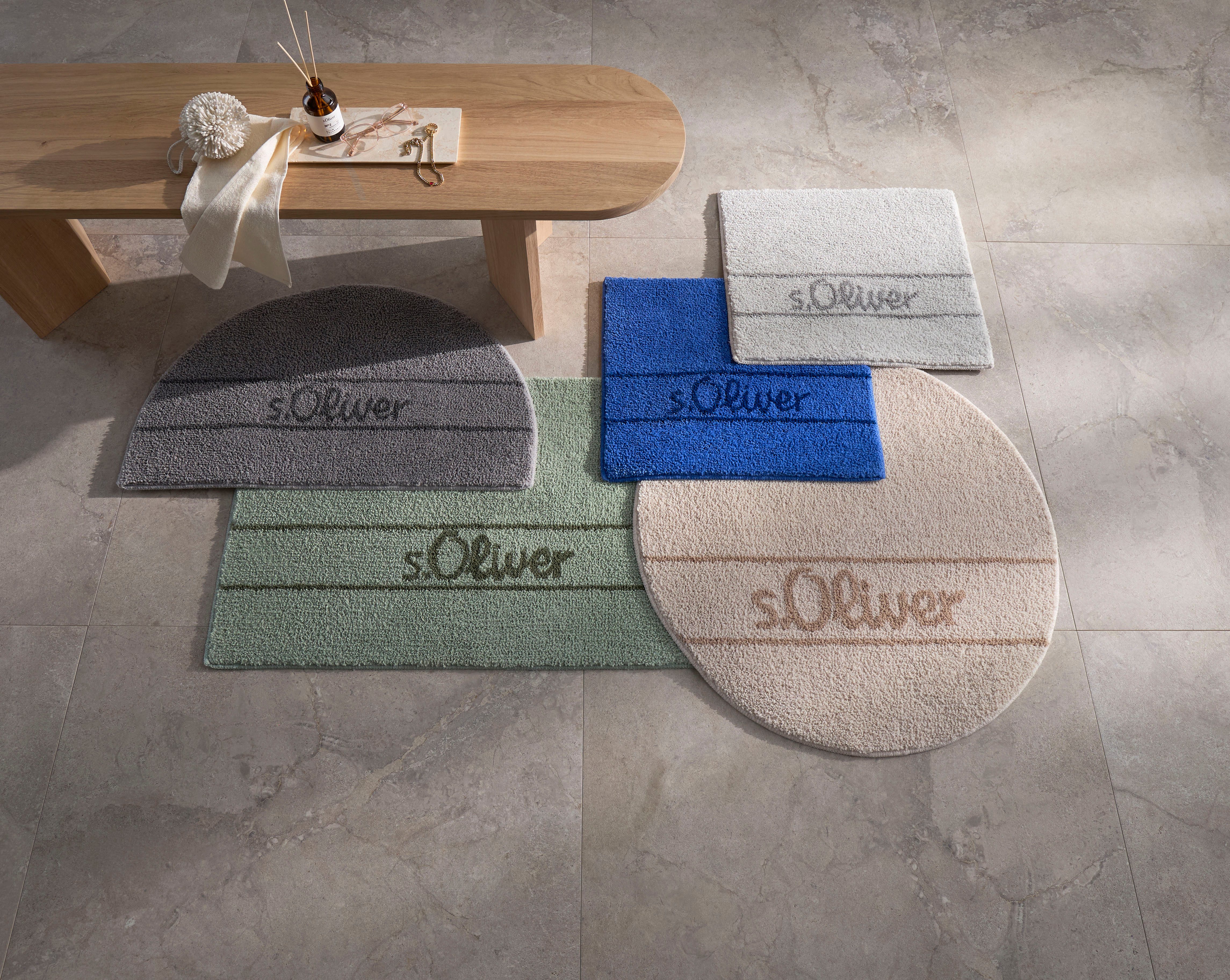 s.Oliver Badematte Allie, Badvorleger, Badezimmer Teppich, Duschvorleger, Höhe 10 mm, rutschhemmend beschichtet, schnell trocknend, strapazierfähig, Polyester, halbrund, Badteppich, weiche Haptik, unifarben mit s.Oliver Schriftzug