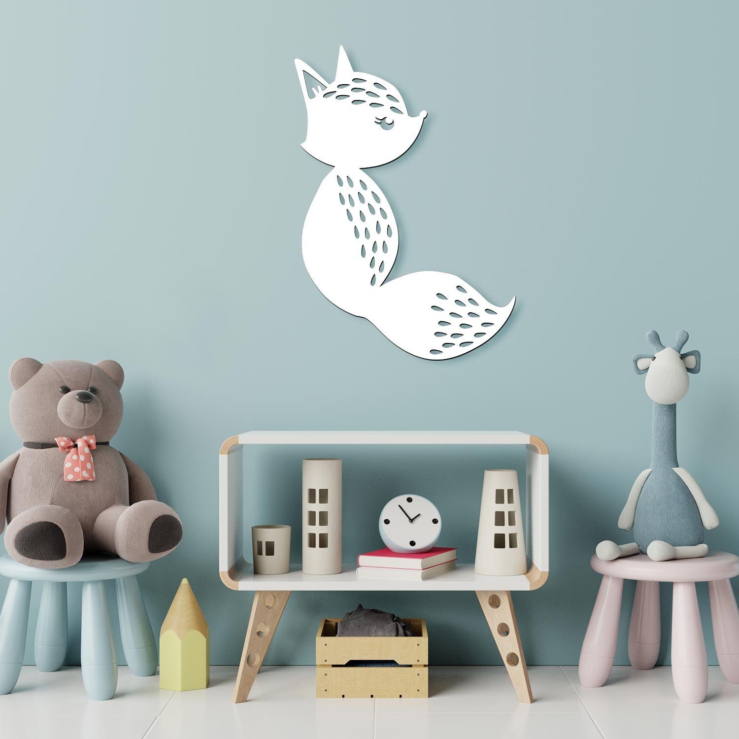 Warmweiß Kinderzimmer, Nachtlicht Deko Wandlampe, Fuchs Rot Zugschalter/Stern, Lampe Holz Wand LED Namofactur fest LED integriert, Schlauer Fuchs Ohne